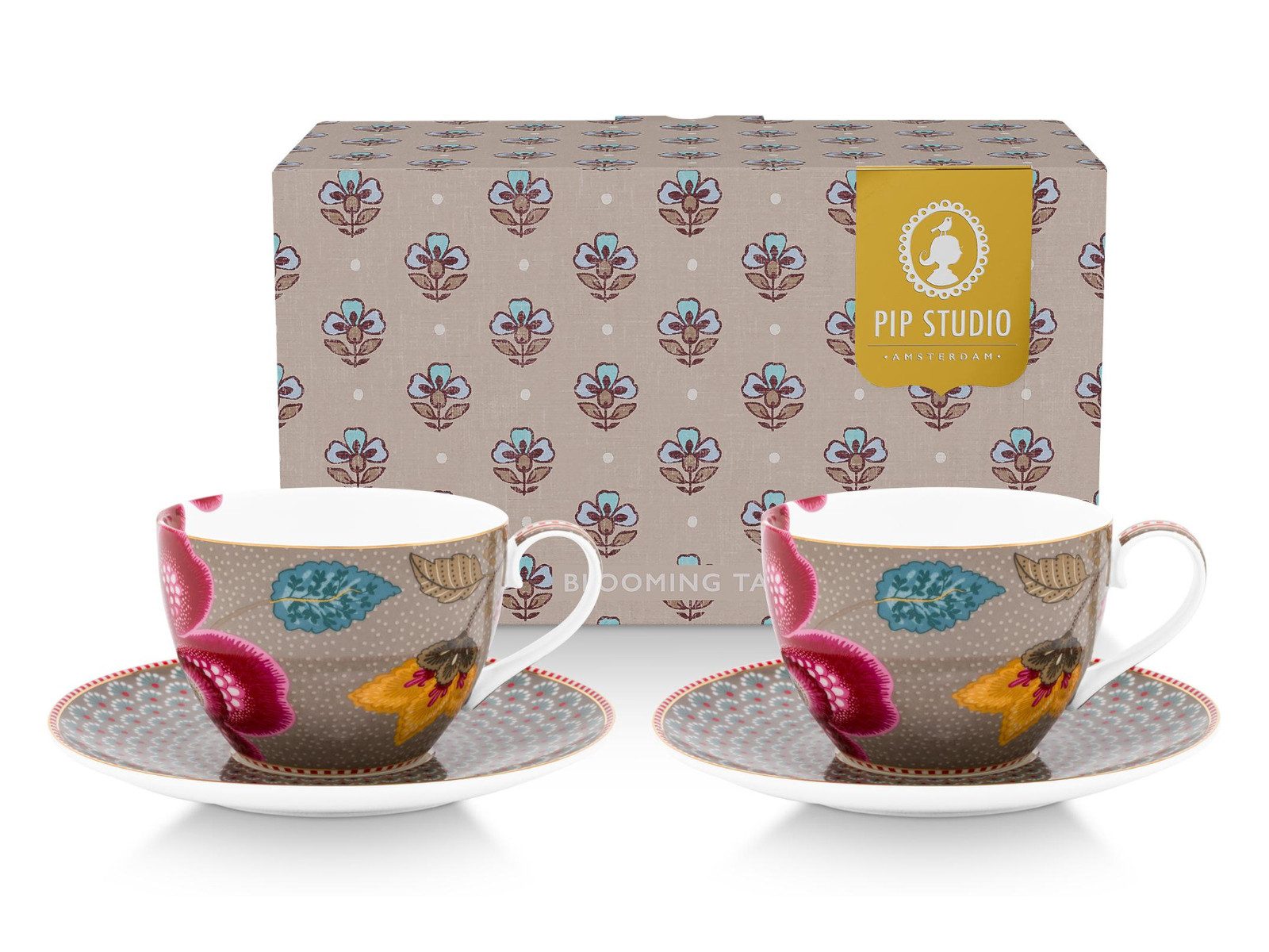 PiP Studio Tasse Blooming Tales Fantasy Khaki Tasse mit Untertasse 0,3l Set2, Porzellan