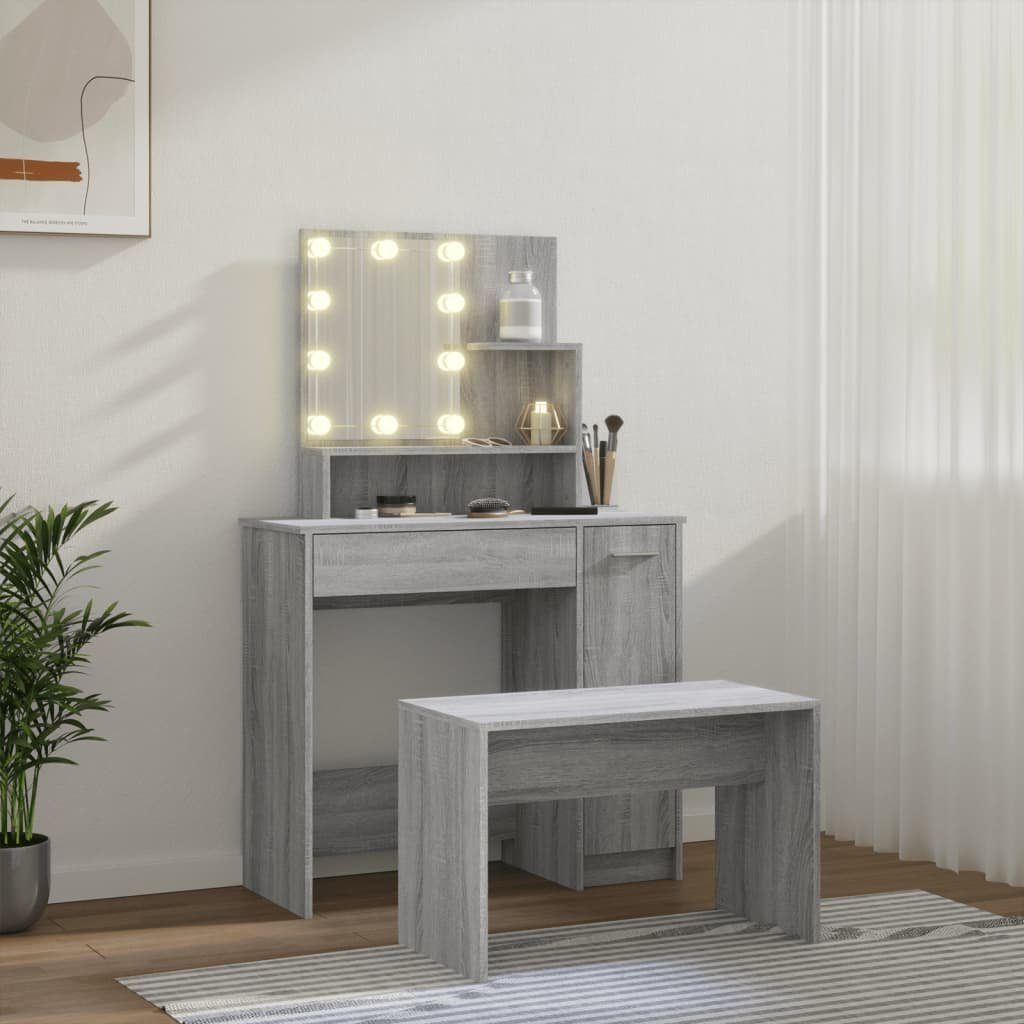 furnicato Schminktisch Schminktisch-Set Holzwerkstoff (1-St) LED Grau Sonoma mit
