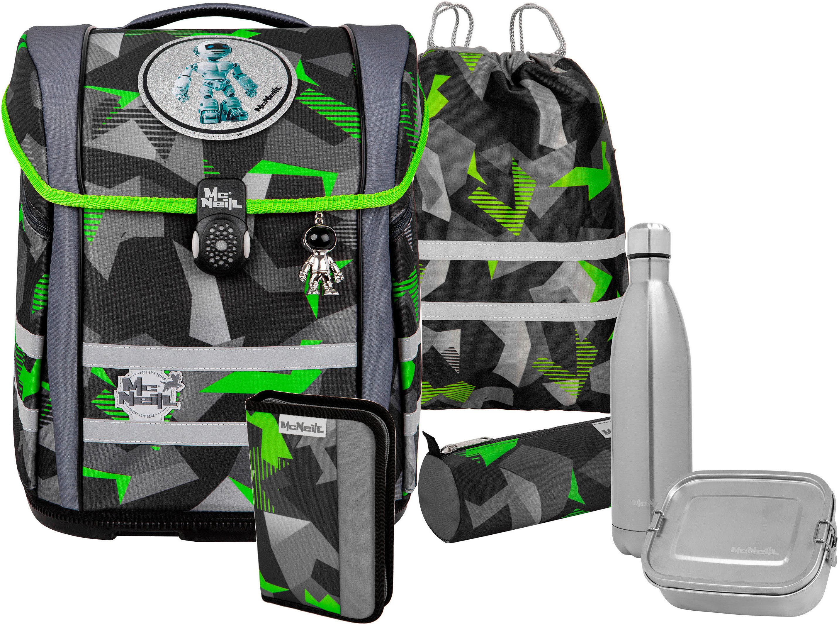 McNeill Ранцы Perfecto, Techno (Set, 5-tlg), inkl. Federmäppchen, Turnbeutel, Schlamperrolle & Motivmagnet