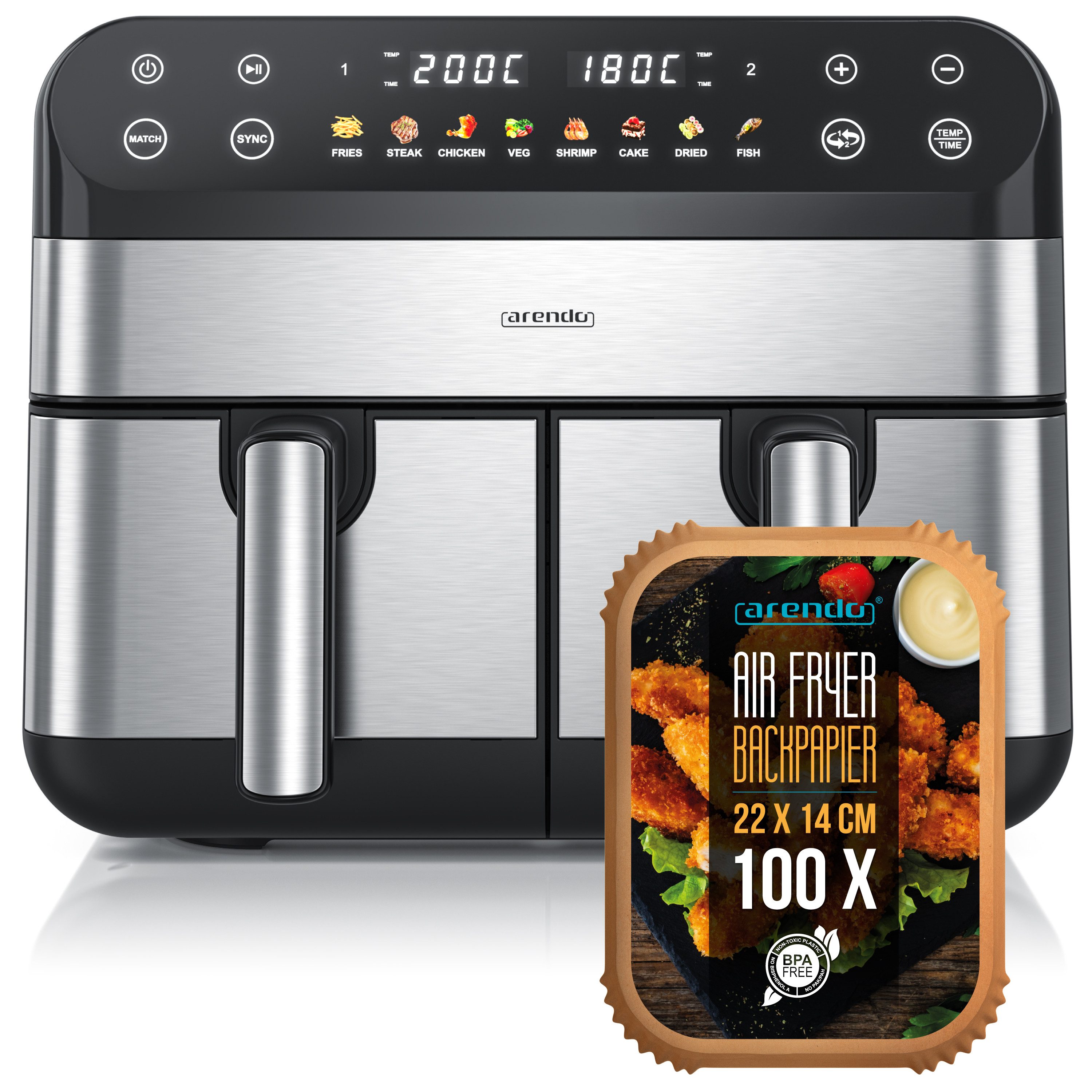 Arendo Heißluftfritteuse XXL Doppelkammer Airfryer 9L mit Backpapier und Zubehör, Dual Zone, 2400 W, Backofen, Dörrautomat, 3D Umluftsystem, fettarmes gesundes Kochen