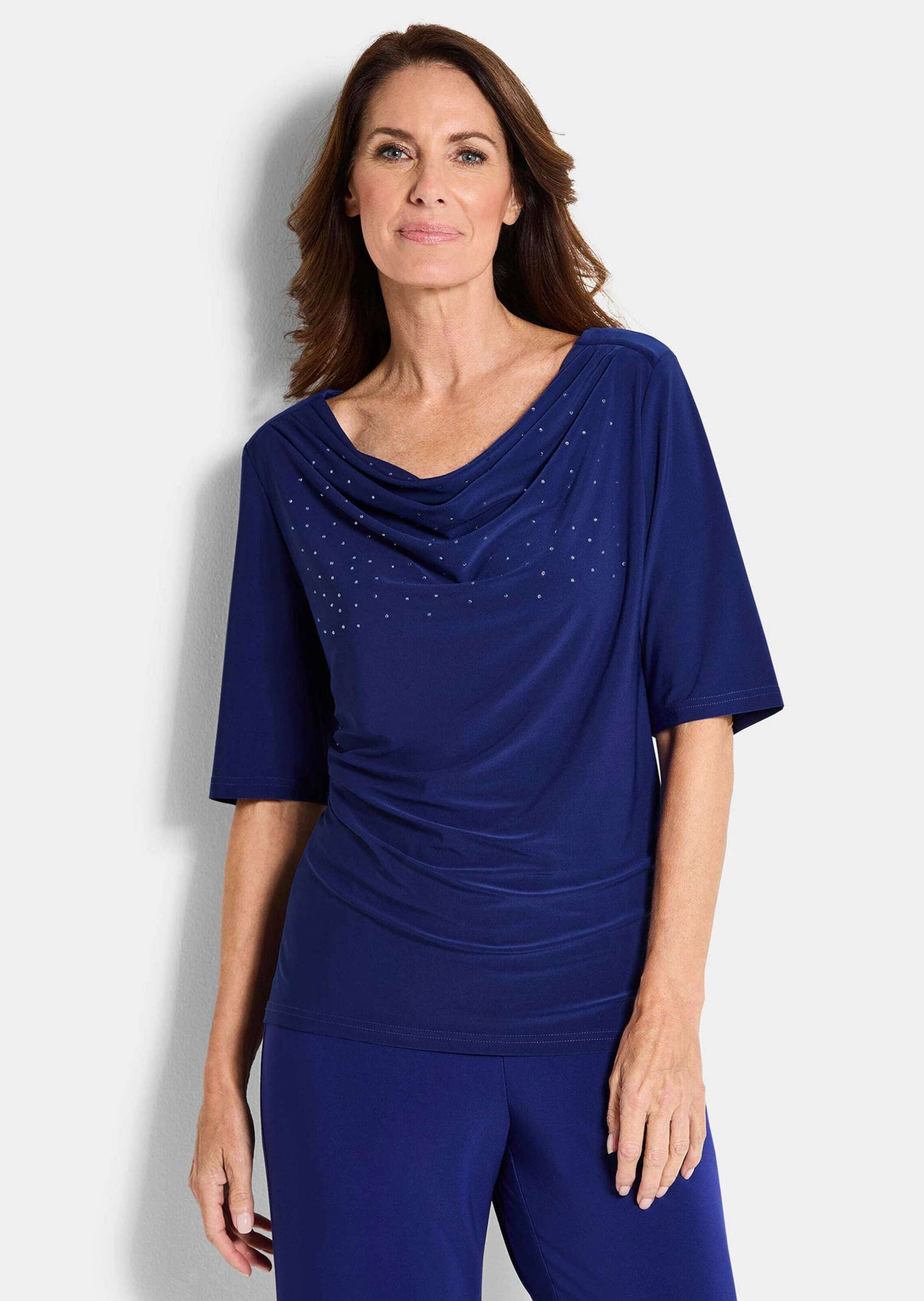 GOLDNER Print-Shirt Jerseyshirt mit Glitzersteinen Blusenshirt mit Wasserfallausschnitt und Halbarm