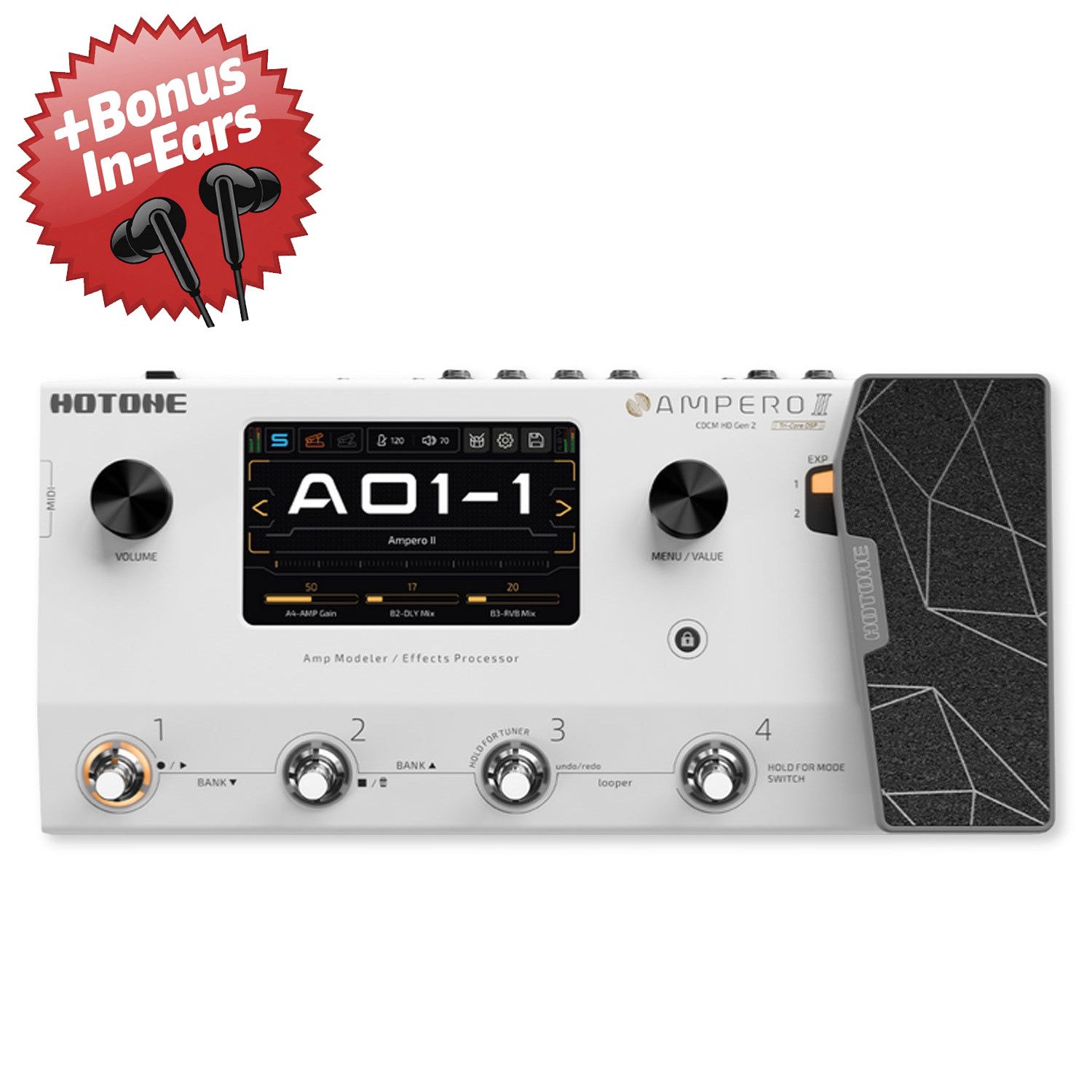 Hotone E-Gitarre Hotone Effektgerät Ampero II Amp-Modeler + Bonus In-Ear Kopfhörer, Digital, 1-St., Effektgerät, Kompakter Amp-Modeler und Multi-Effektprozessor
