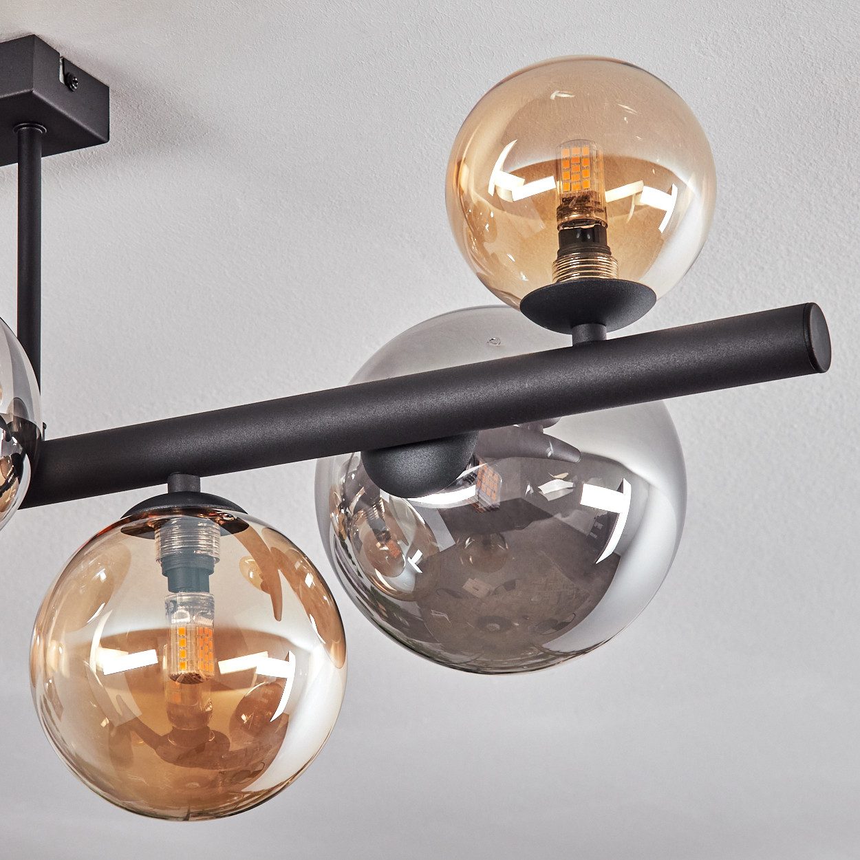hofstein Deckenleuchte Deckenlampe aus Metall/Glas in Schwarz/Rauch-/Bernsteinfarben, ohne Leuchtmittel, Leuchte im Retro/Vintage-Design, Glasschirme (10, 12, 15 cm), 8 x G9