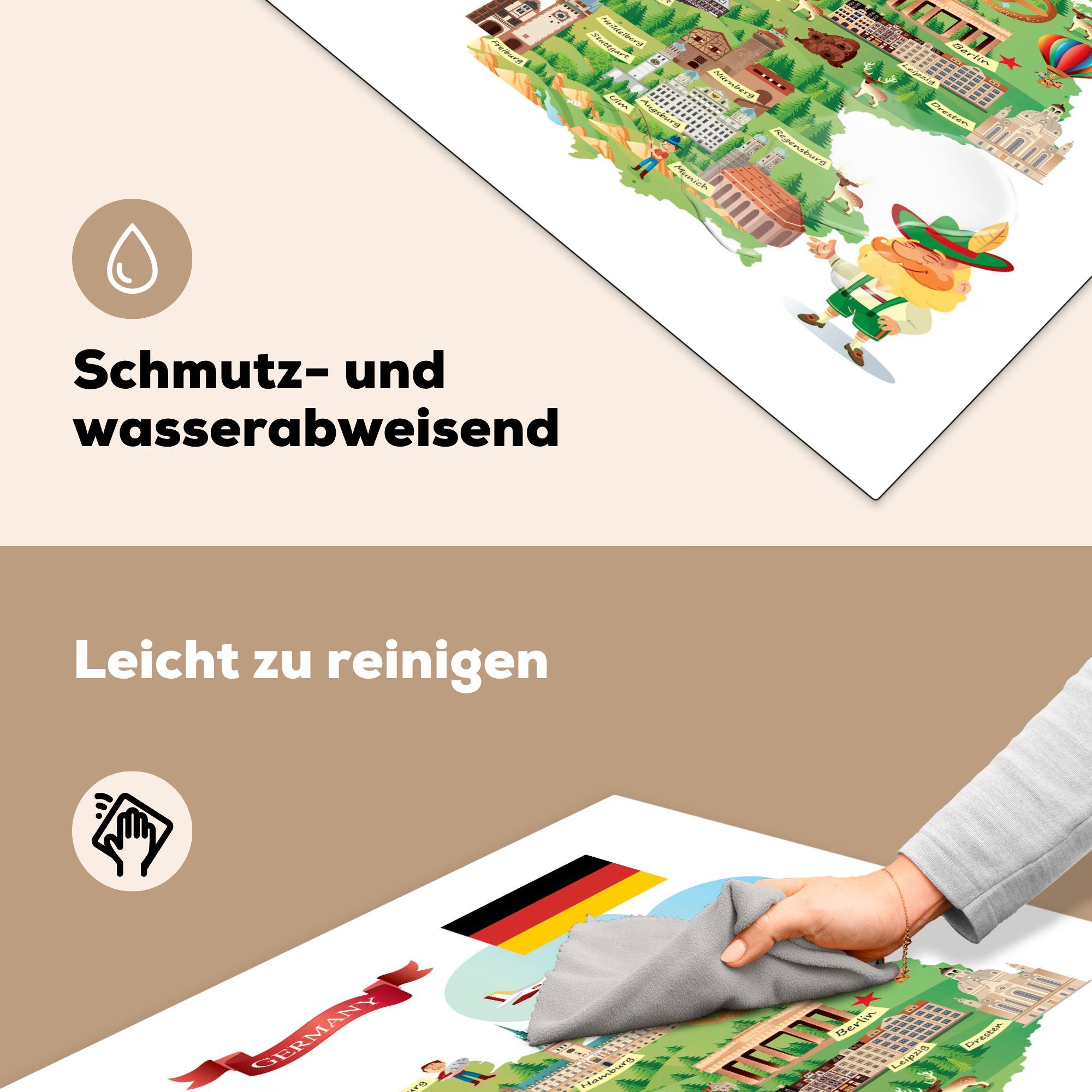 MuchoWow Herdblende-/Abdeckplatte Illustrierte Karte von Ceranfeldabdeckung, Deutschland, für Arbeitsplatte (1 78x78 küche Vinyl, tlg), cm
