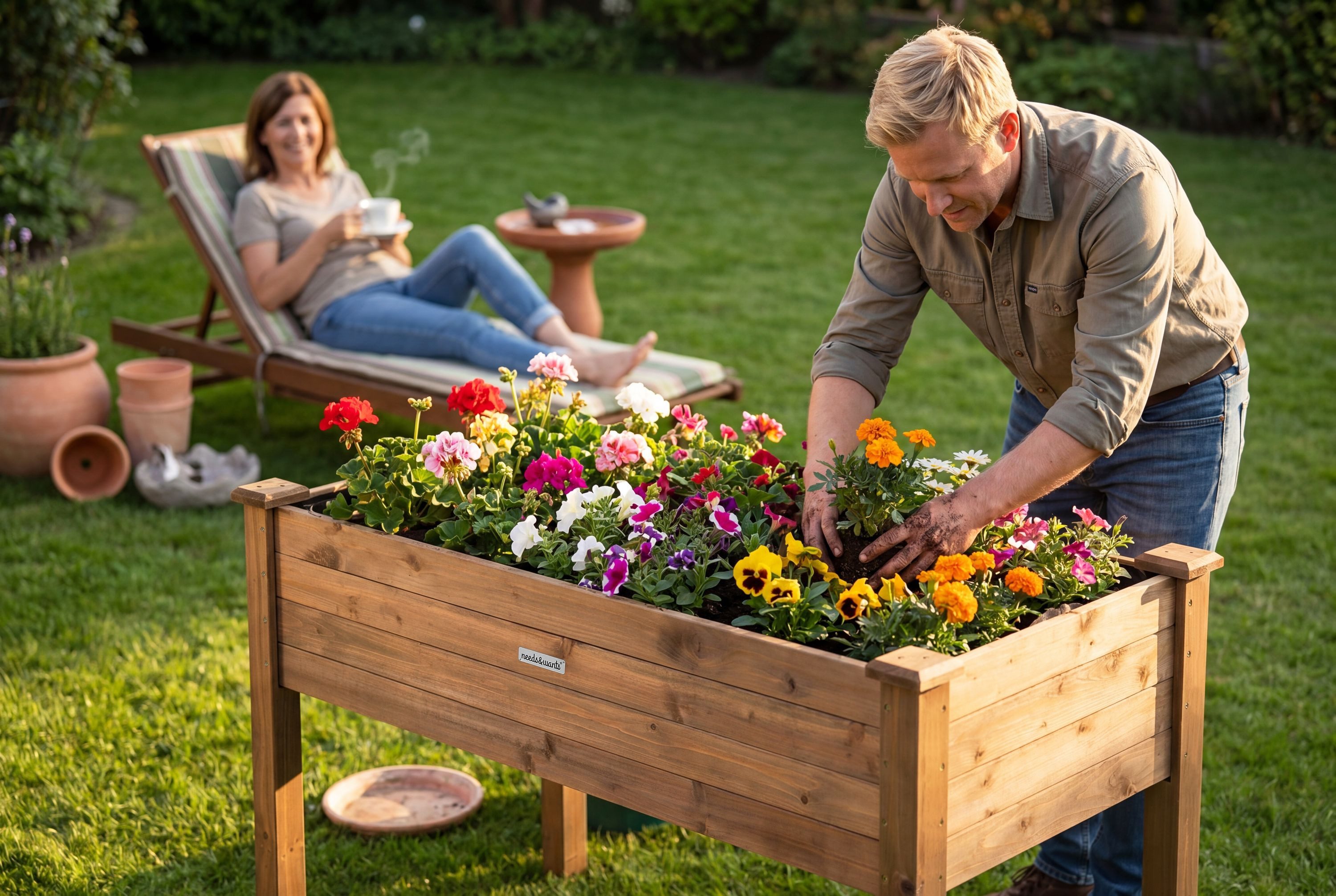 needs&wants® Hochbeet aus Holz für Garten Balkon Terrasse groß, Pflanzkasten Kräuterbeet XL, Bausatz rechteckig schmal mit Vlies-Folie Pflanzenkasten deko, dunkel