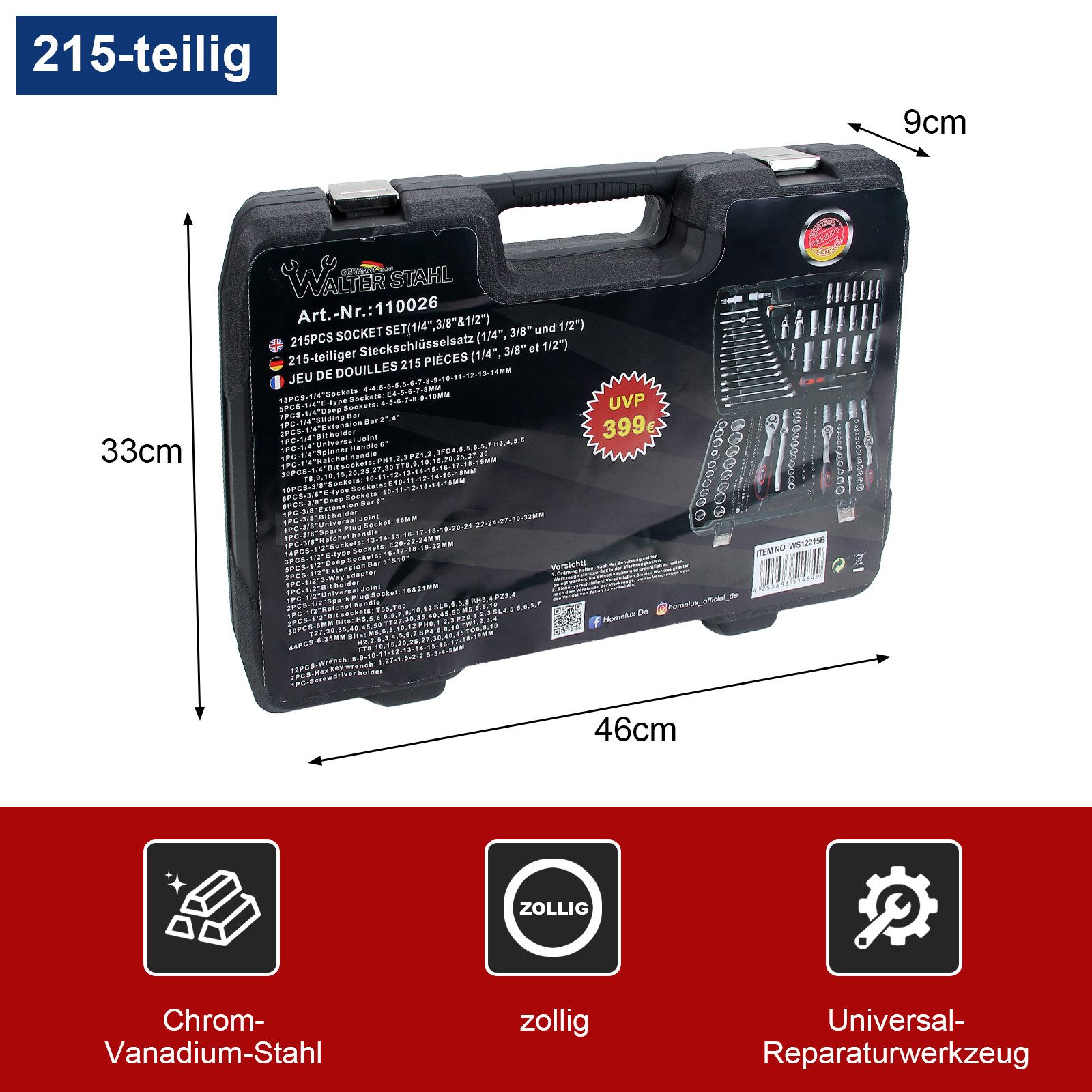 Walter Stahl Germany control Steckschlüssel 108/172/215-tlg Ratschenkasten, 1/4″+3/8″+1/2″ Steckschlüssel-Satz (Packung, 215 St., 108/172/215-tlg), Cr-V Ratschenschlüssel Set