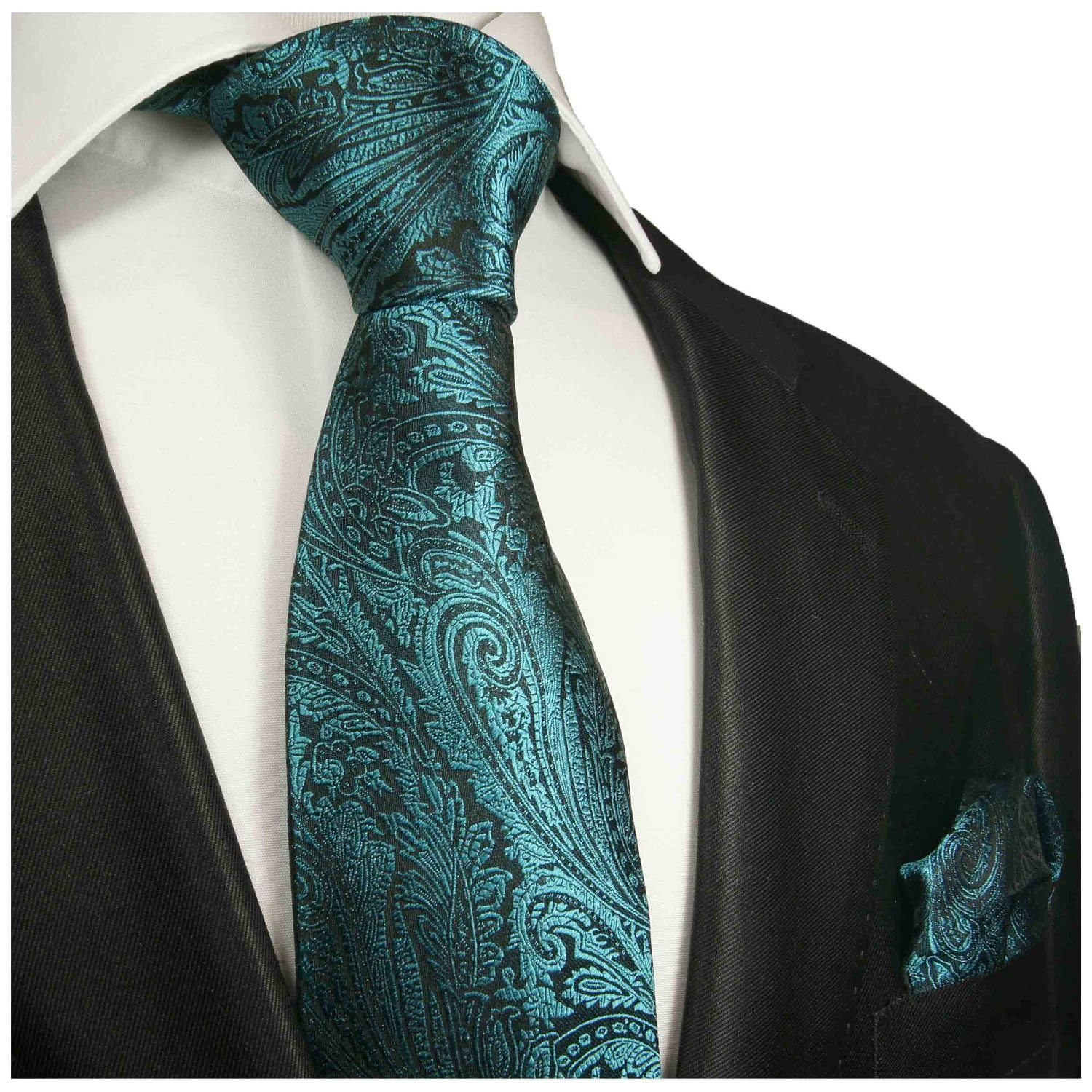 Krawatte Malone blau paisley Seide Krawatte modern mit mit 2-St., Seidenkrawatte floral (8cm), Tuch Paul (Set, aqua Einstecktuch) Breit 373 100% Herren