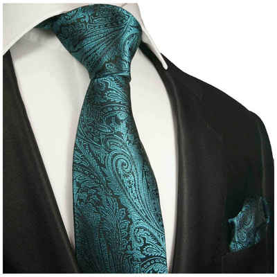 Paul Malone Krawatte Herren Seidenkrawatte mit Tuch modern paisley floral 100% Seide (Set, 2-St., Krawatte mit Einstecktuch) Schmal (6cm), aqua blau 373