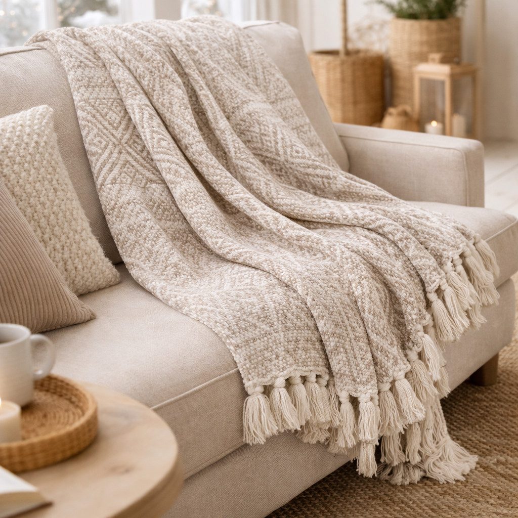 Wohndecke Caramel/ Natural, AU Maison, Stilvolle Baumwolldecke mit Fransen 130x180 cm