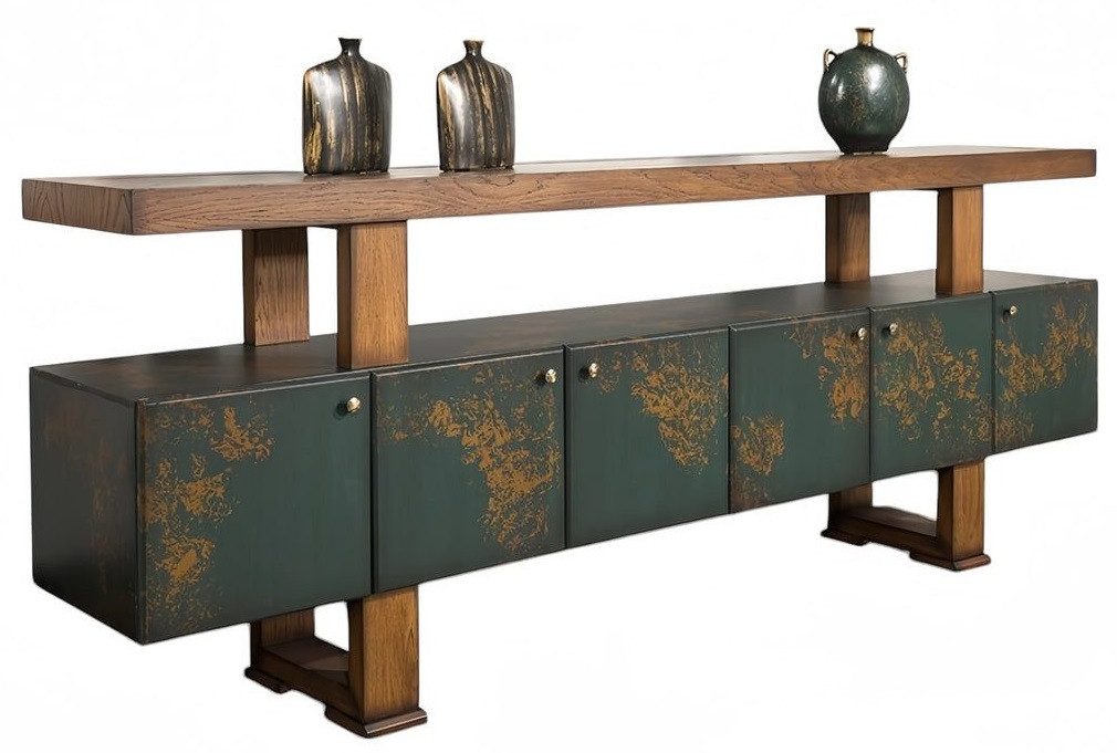JVmoebel Polstergarnitur Designer Möbel Set in Grün aus Leder und Holz für das Büro, (6-tlg., Sofa 3 Sitzer, 2x Sessel, Couchtisch, Sideboard, Schreibtisch), Made in Europa
