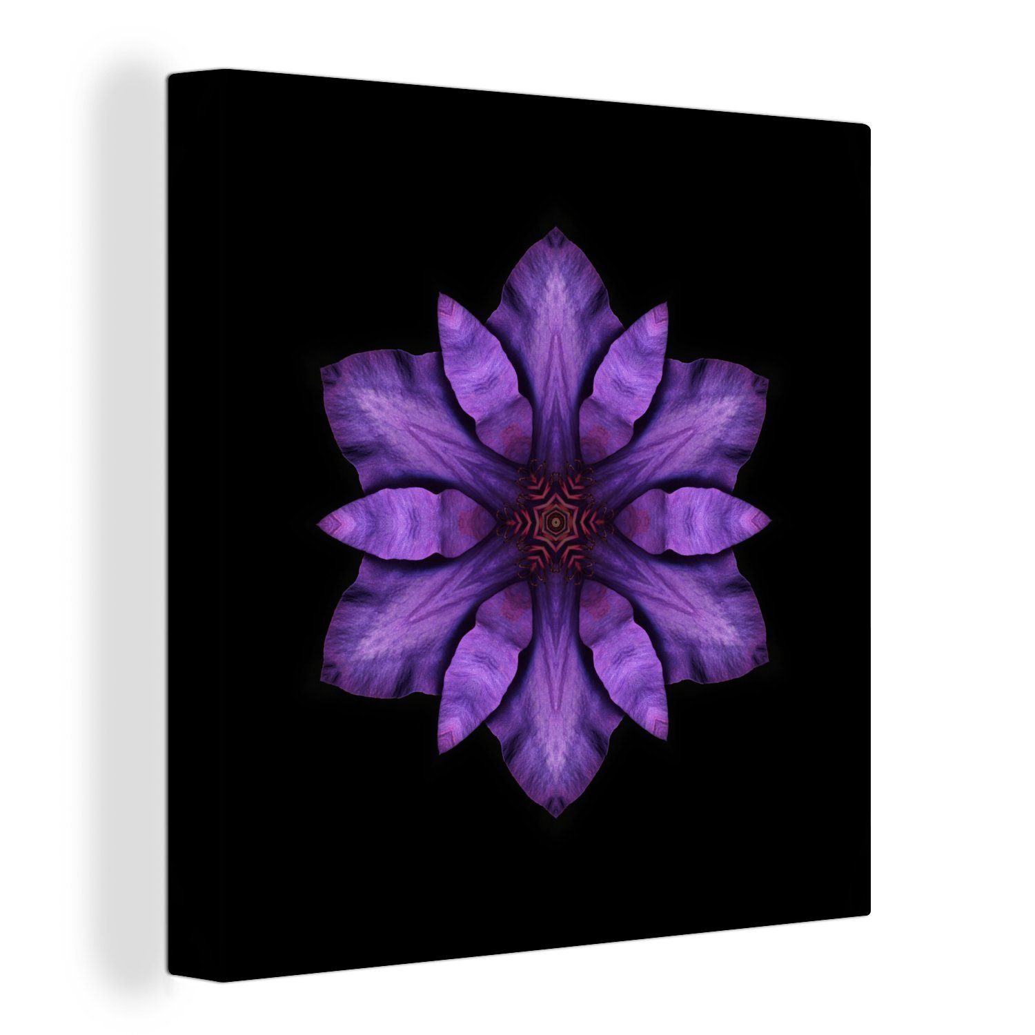 OneMillionCanvasses® Leinwandbild Ein lila Clematis Mandala auf schwarzem Hintergrund, (1 St), Leinwand Bilder für Wohnzimmer Schlafzimmer