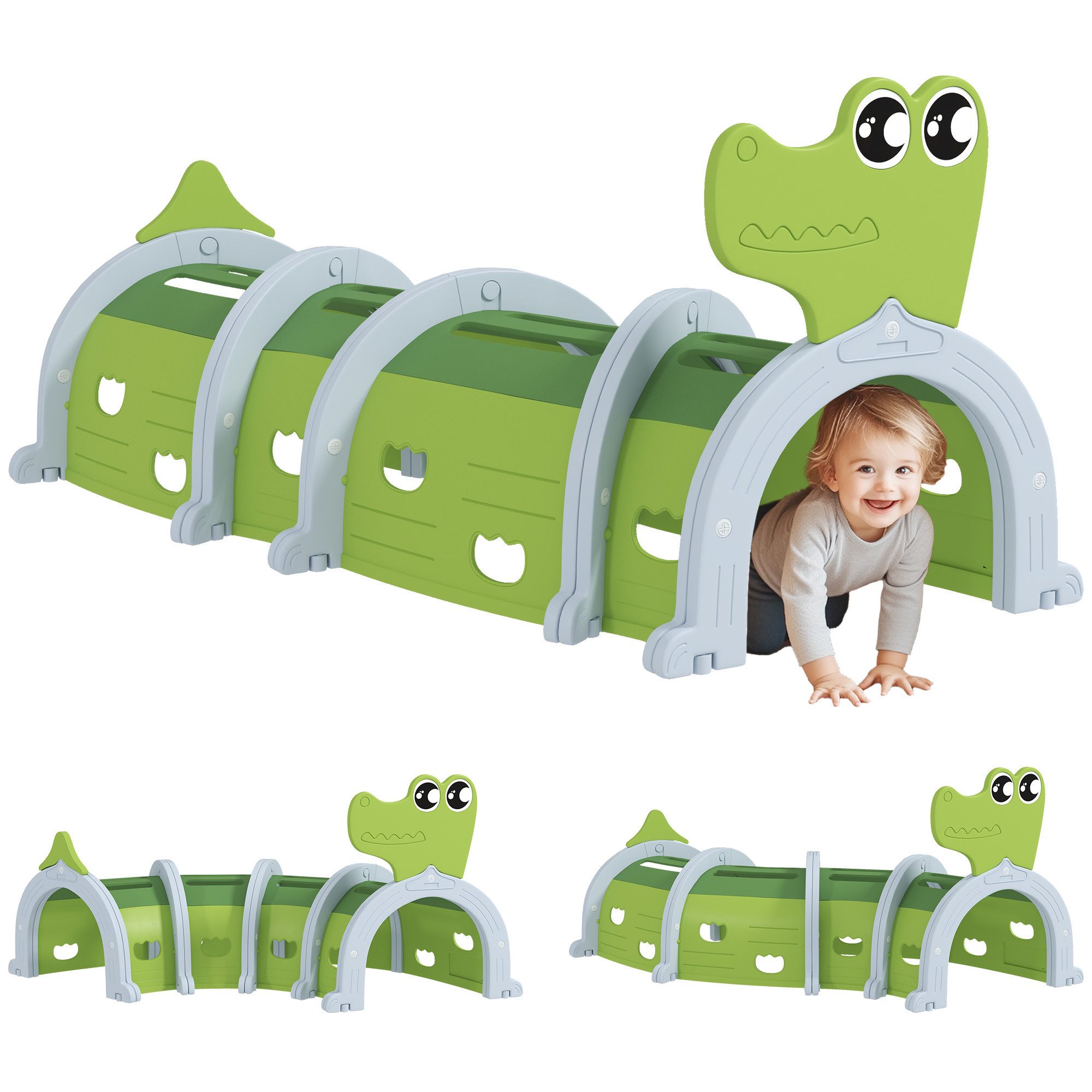 AIYAPLAY Spieltunnel Kinder Tunnel aus HDPE, Kriechtunnel in Cartoon-Krokodil (Krabbeltunnel, 1-St., Kleinkind Tunnel), für Kinder 3-6 Jahre, Kunststoff, Indoor Outdoor, Grün
