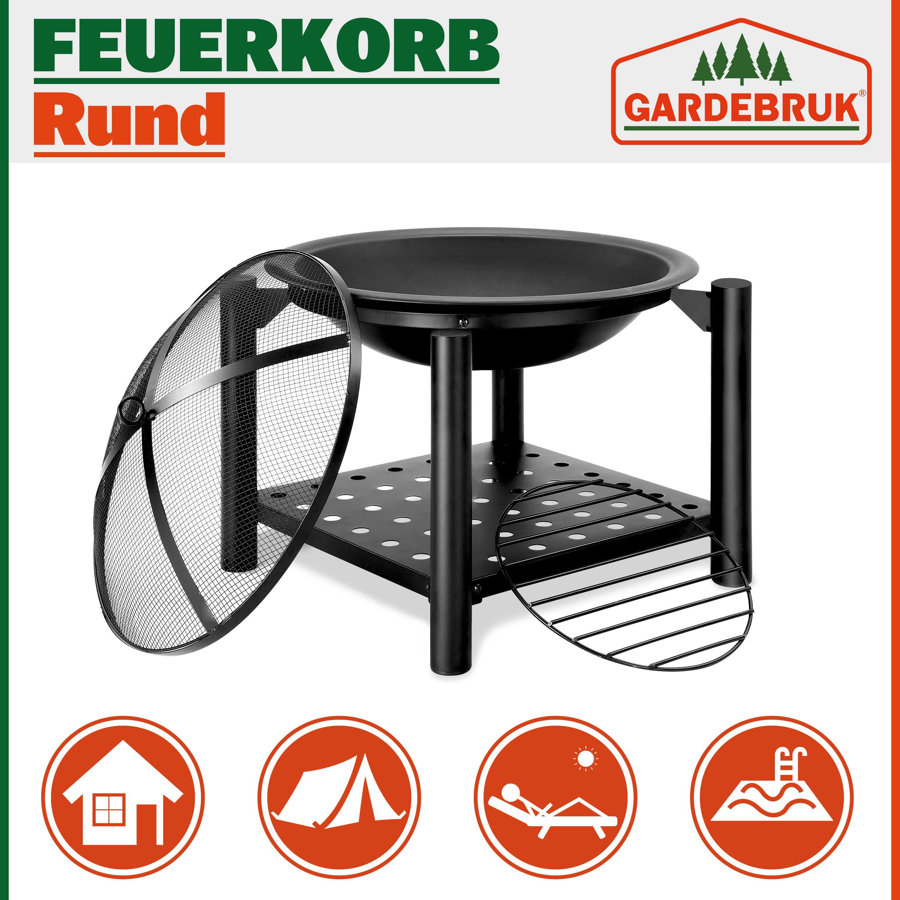 Gardebruk fire bowl, garden fire basket with spark screen and poker, Ø55cm round grill