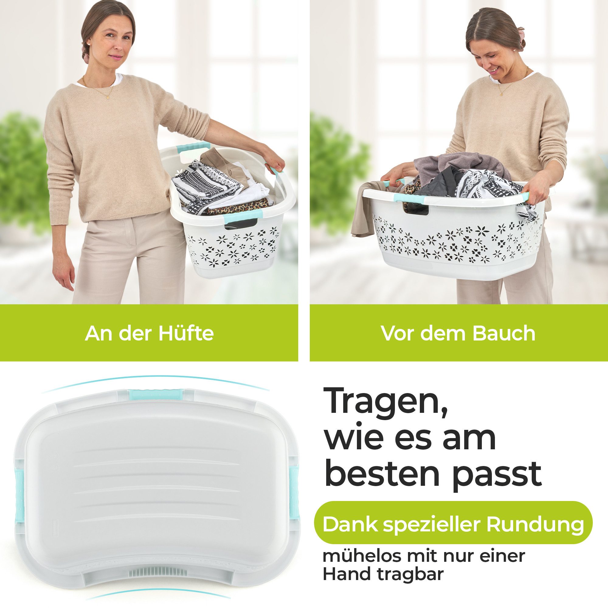 KiNDERWELT Wäschekorb Premium 50 L ergonomischer Form, Soft-Touch-Griffe, an den Körper angepasste Nierenform – Bild 5 von 5
