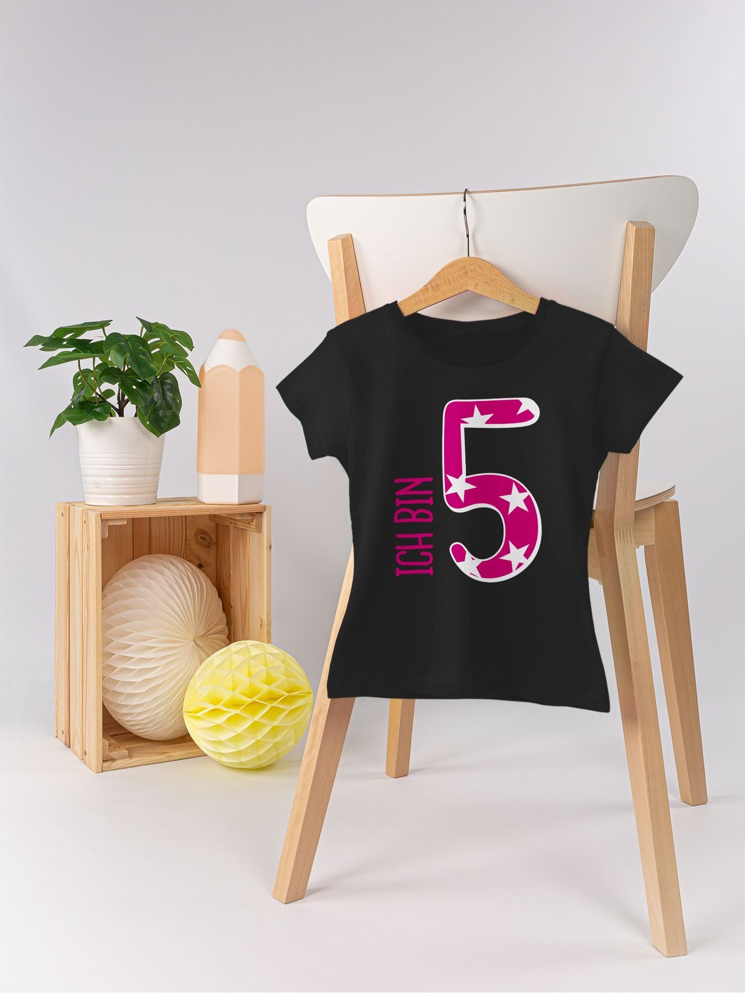 T-Shirt 2 Schwarz Mädchen Ich bin Shirtracer 5. Geburtstag fünf Rosa