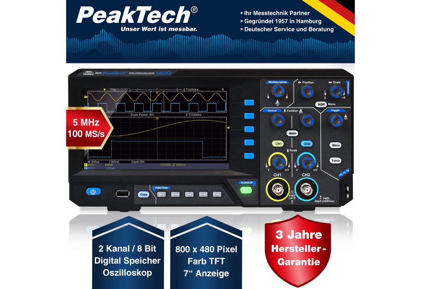 Thumbnail - PeakTech Spannungsprüfer P 1400 ~ 5 MHz / 2 CH ~ 100 MS/s ~ Digital Speicheroszilloskop