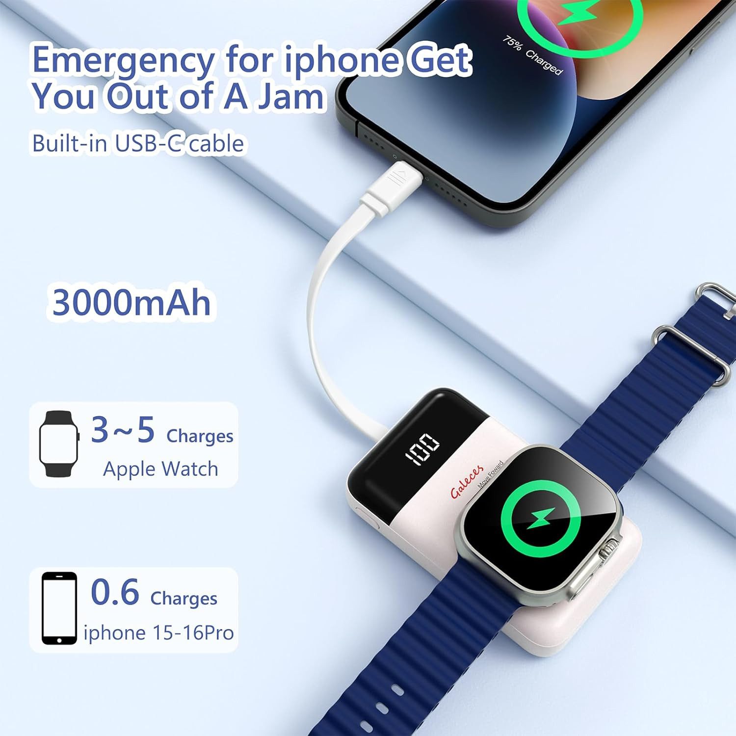 Galeces Mini Powerbank 3000mAh Wireless USB C magnetisch kompakt LED Anzeige Powerbank Mini Powerbank 3000 mAh (5 V), Magnetisch Wireless LED Anzeige USB C kompakt 3000mAh tragbar