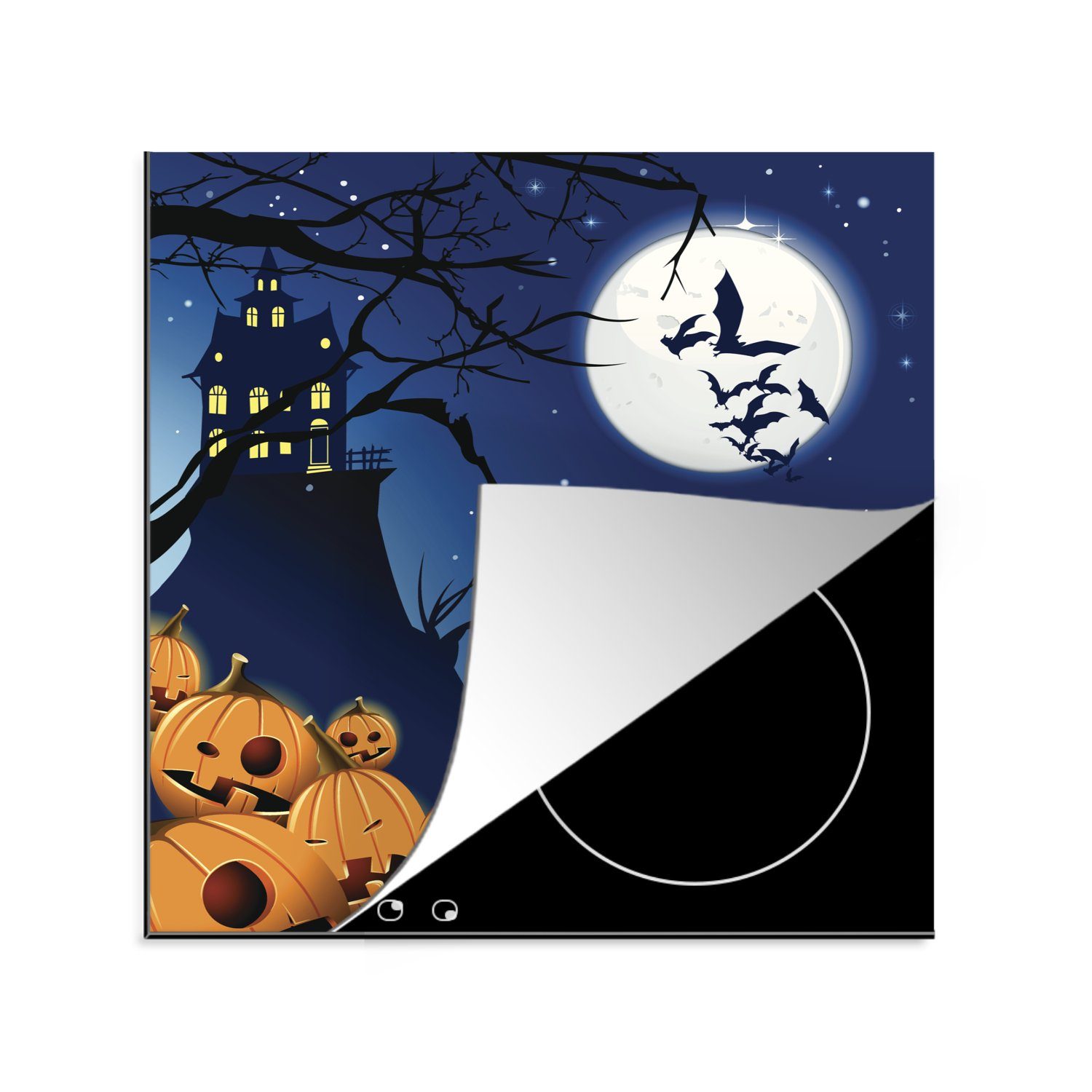 MuchoWow Herdblende-/Abdeckplatte Eine Halloween-Nacht in einer Illustration, Vinyl, (1 tlg), 78x78 cm, Ceranfeldabdeckung, Arbeitsplatte für küche