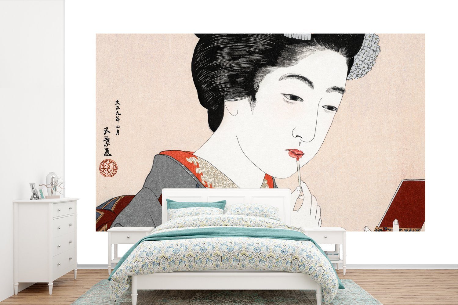 Vinyl Tapete Wallpaper Frau Wohnzimmer, Kinderzimmer, MuchoWow St), Japanisch Vintage, - - bedruckt, - für Matt, Make-up Fototapete Schlafzimmer, (6