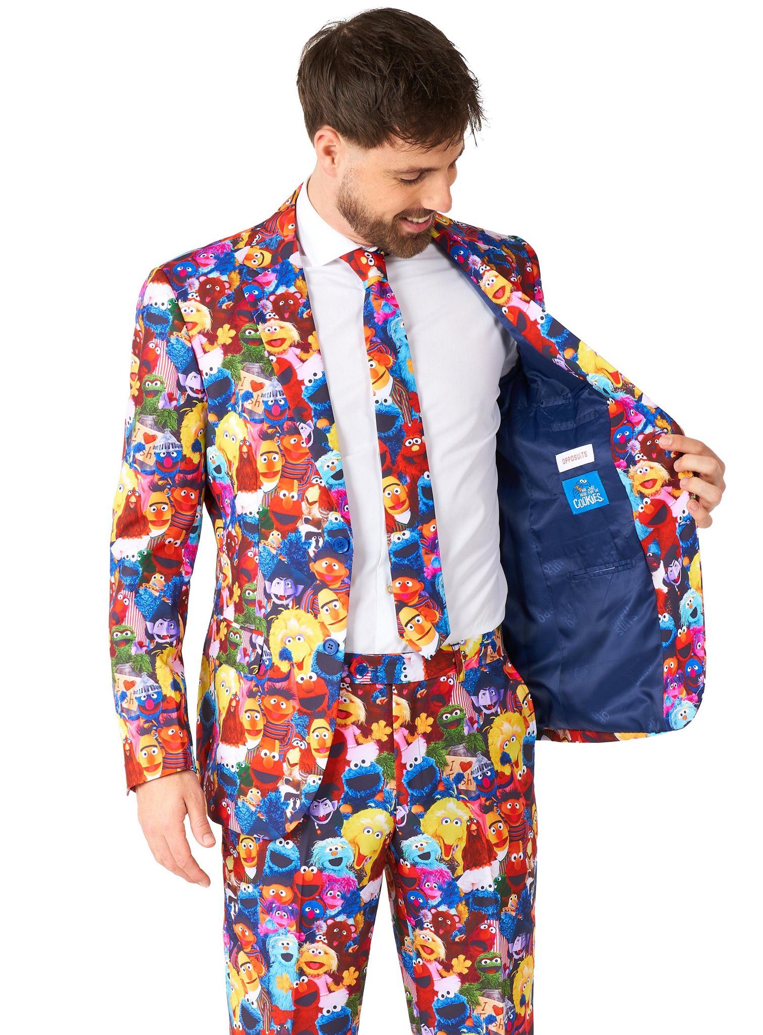 Opposuits Partyanzug Sesamstraße Anzug, Da tummelt sich die gesamte Sesamstraße auf Deiner Kleidung!