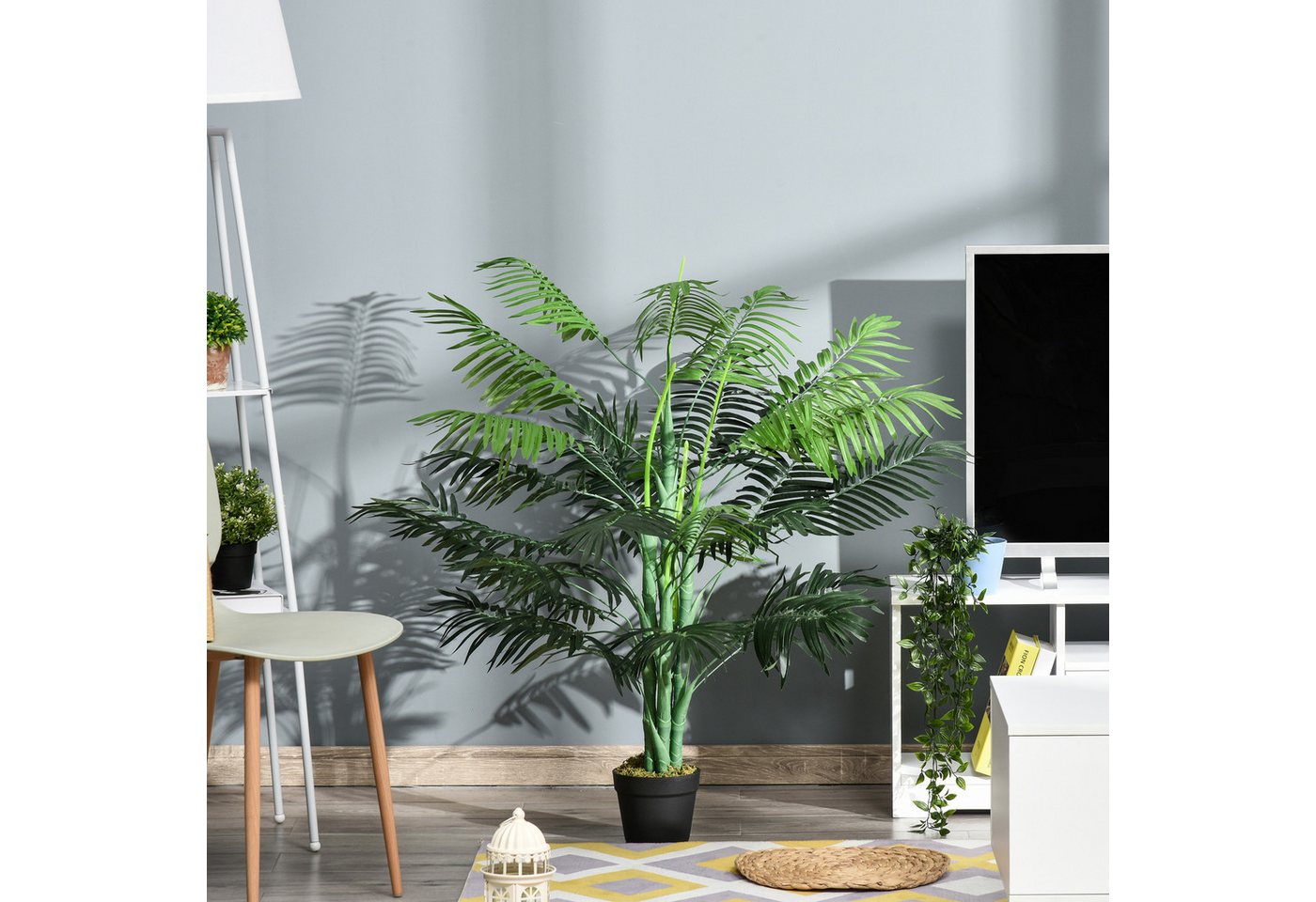 Kunstpflanze Künstliche Groß im Topf wie echt Pflanzen Kunstbaum Zimmerpflanze Palme, Outsunny, Höhe 125 cm, Kunstpalme mit 18 Blättern für Wohnzimmer Balkon Büro Dekoration
