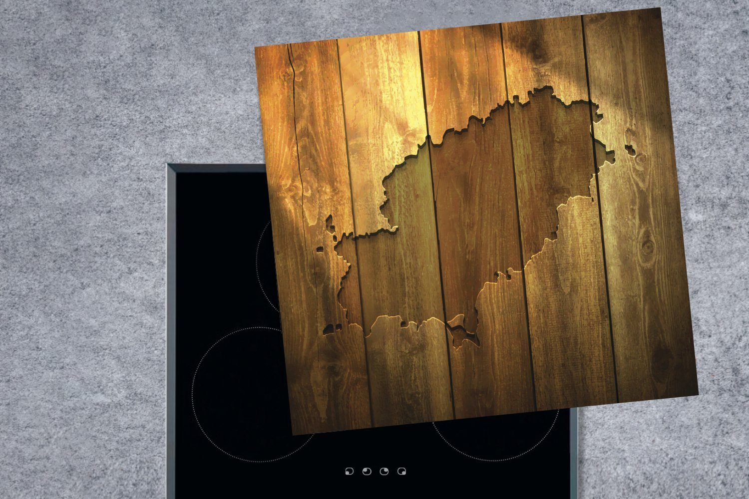 Herdblende-/Abdeckplatte Karte von Illustration Ibiza küche MuchoWow einer auf tlg), cm, Arbeitsplatte 78x78 Ceranfeldabdeckung, (1 Vinyl, Holzwand, einer für