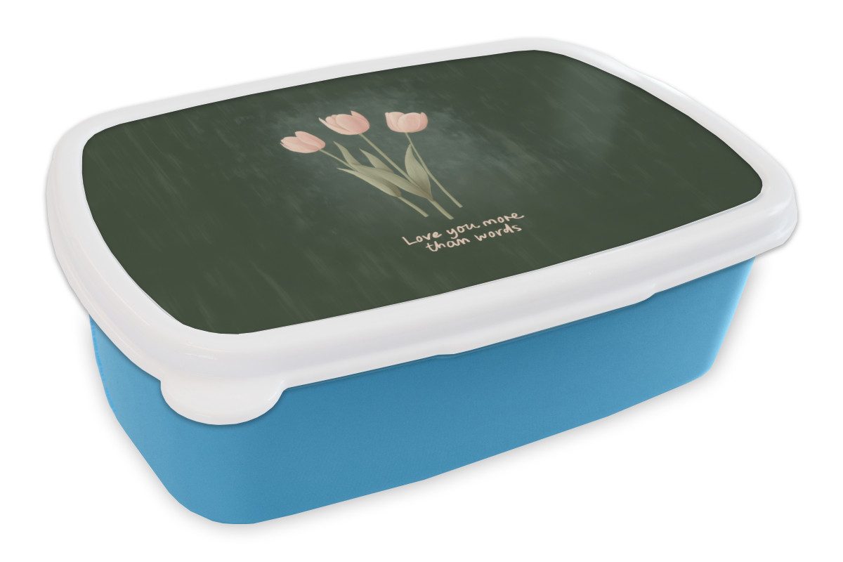 MuchoWow Lunchbox Tulpen - Rosa - Text - Liebe, Kunststoff, (2-tlg), Brotdose, Lunchbox, Brotbox für Kinder und Erwachsene