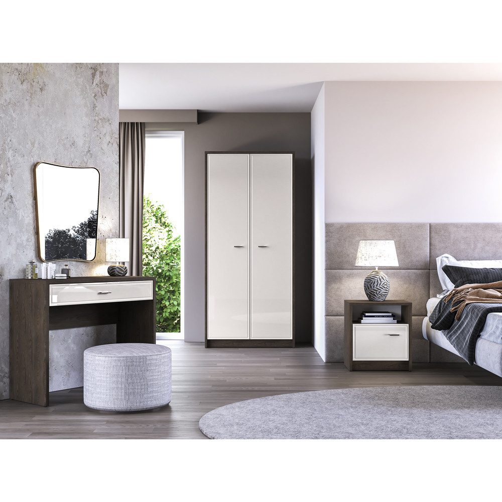 Lomadox Schlafzimmer-Set ALESSANDRIA-131, (Spar-Set, 3-tlg., Kleiderschrank, Schminktisch, Nachtschrank), in Beige mit Eiche, modern, Hochglanzfronten