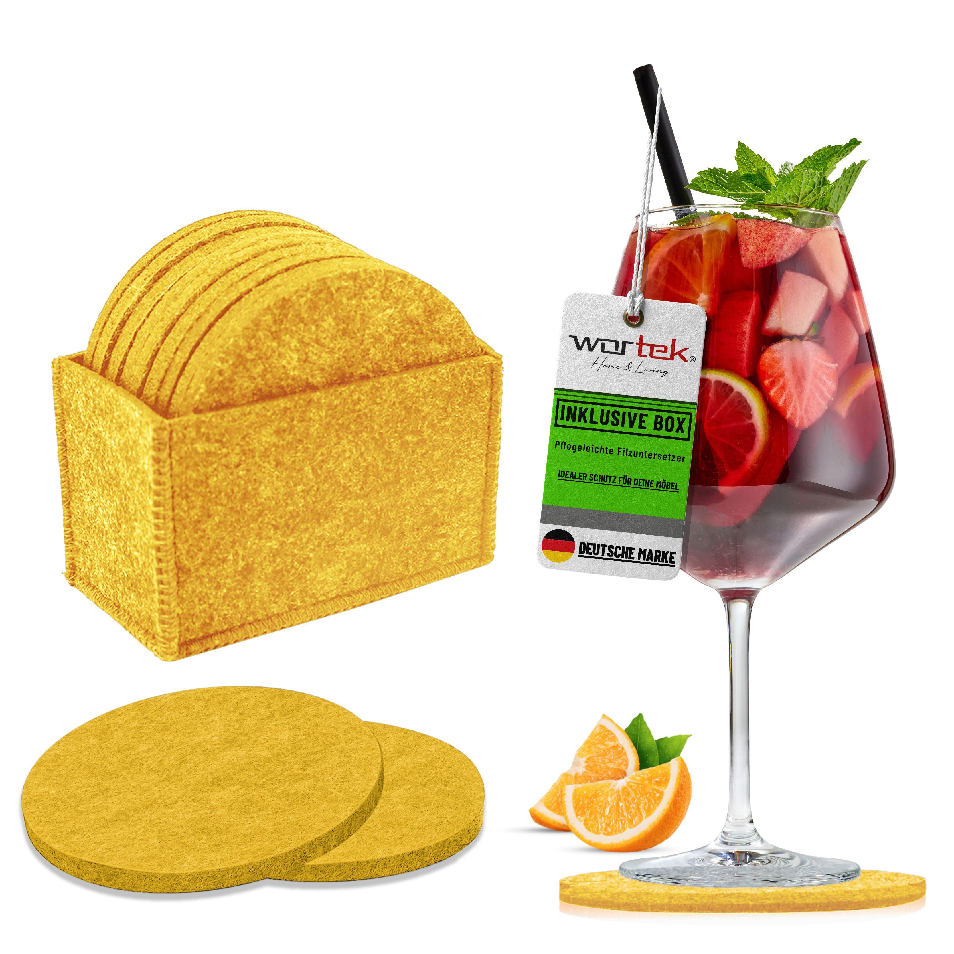 wortek Getränkeuntersetzer Filz-Untersetzer Rund für Gläser 10er Set + Box, Zubehör für Tisch & Gläser, Set, 10-tlg., waschbare Getränke Glasuntersetzer Gläser, Tischuntersetzer Filz 10 cm
