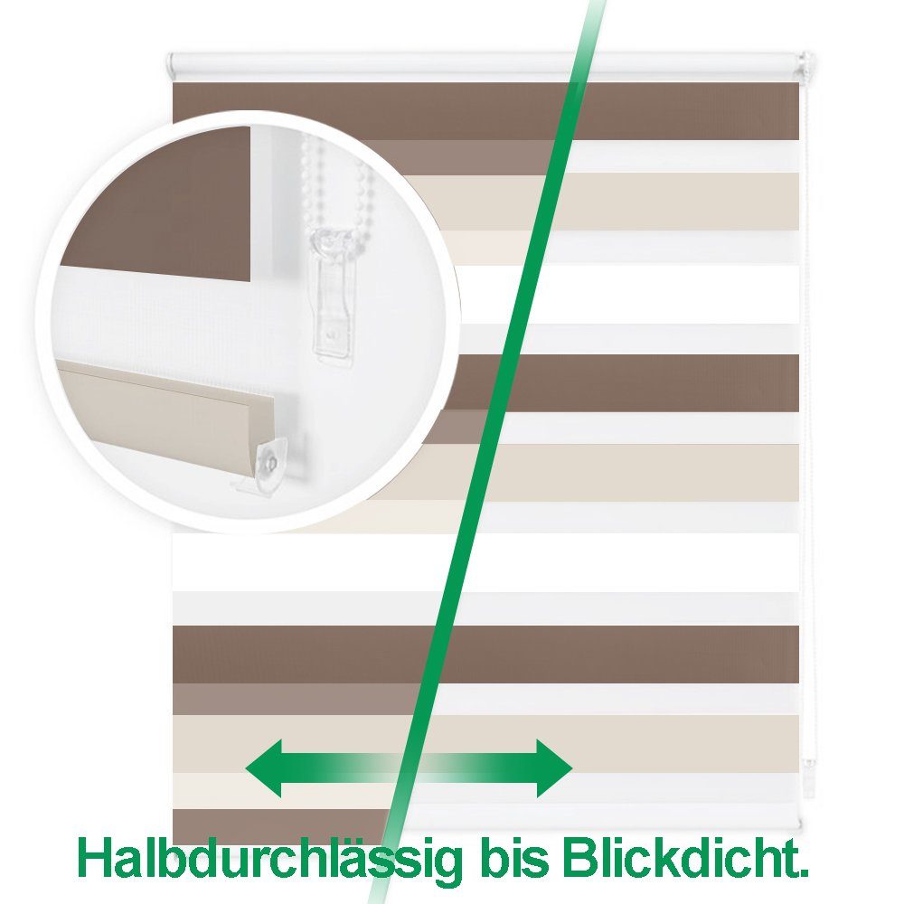 Doppelrollo Fensterrollos Ohne Bohren, Vkele, 130cm/160cm, klemmfix,klemmträger, Sonnenschutz, Lichtdurchlässig und Verdunkelnd.