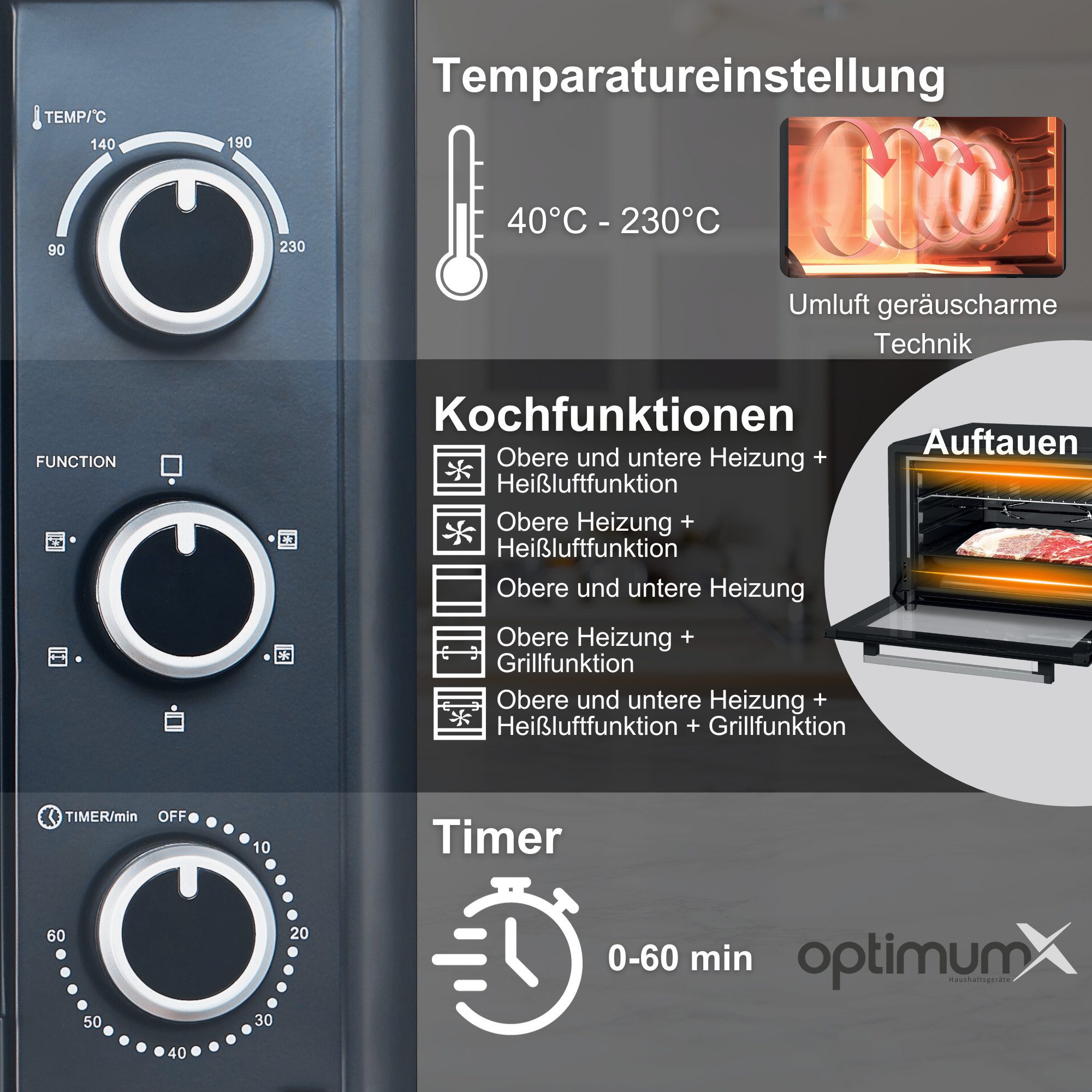 optimumX Minibackofen, 60 Liter XXL mit Umluft, 2200W, 5 Kochfunktionen, 60 min, 90-230°C