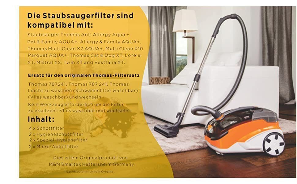 M&M Smartek Filter-Set 3x Set für Pet & Family, Multi Clean, Thomas Aqua, Zubehör für Thomas Filter-Set 99, Thomas 787.241, Thomas Cat & Dog XT, Lorela XT, Mistral XS, Twin XT und Vestfalia XT, Leicht zu waschen und zu wechseln