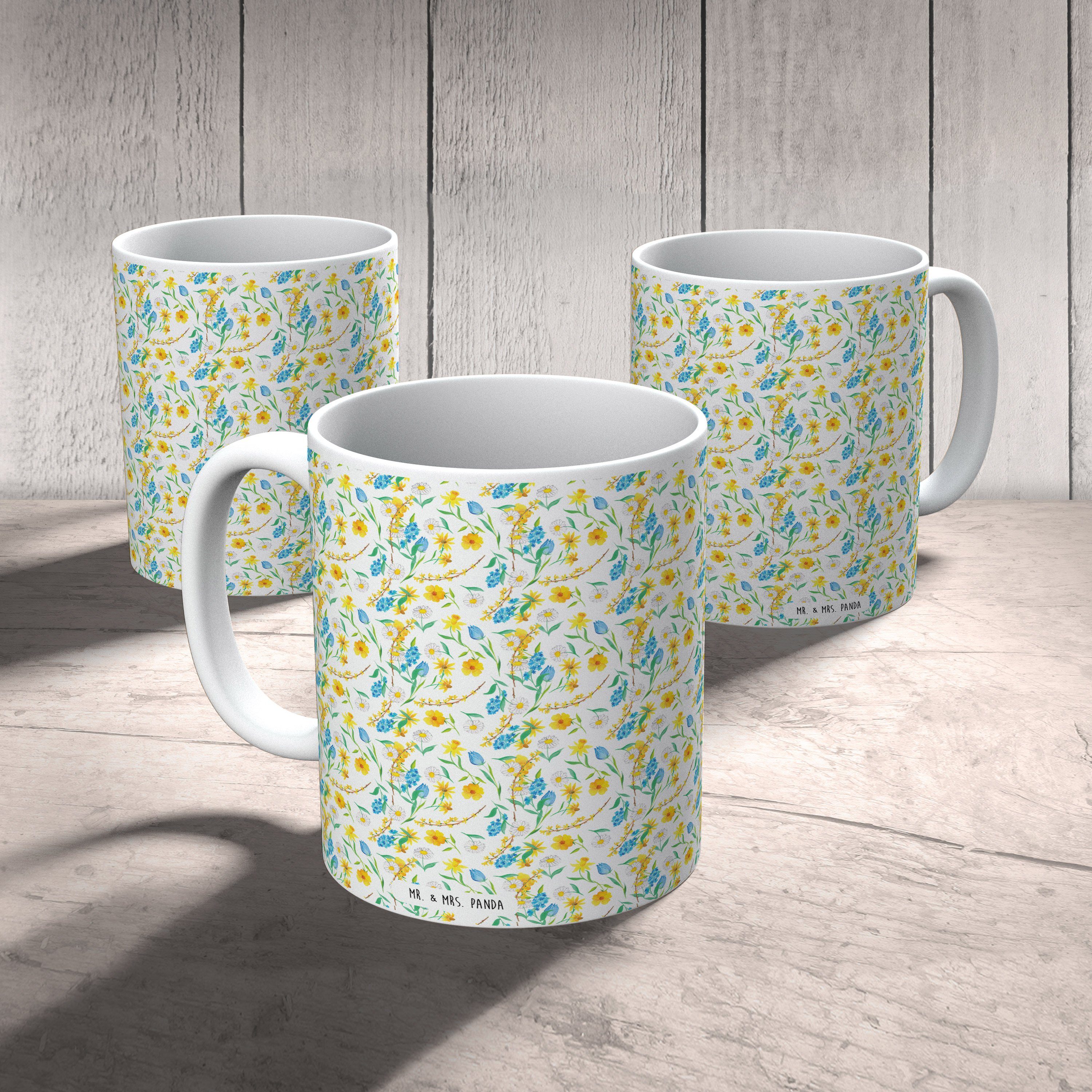 Mr. & Mrs. Panda Tasse Frühlingserwachen Design - Weiß - Geschenk, Teetasse, Blumenmädchen, Keramik