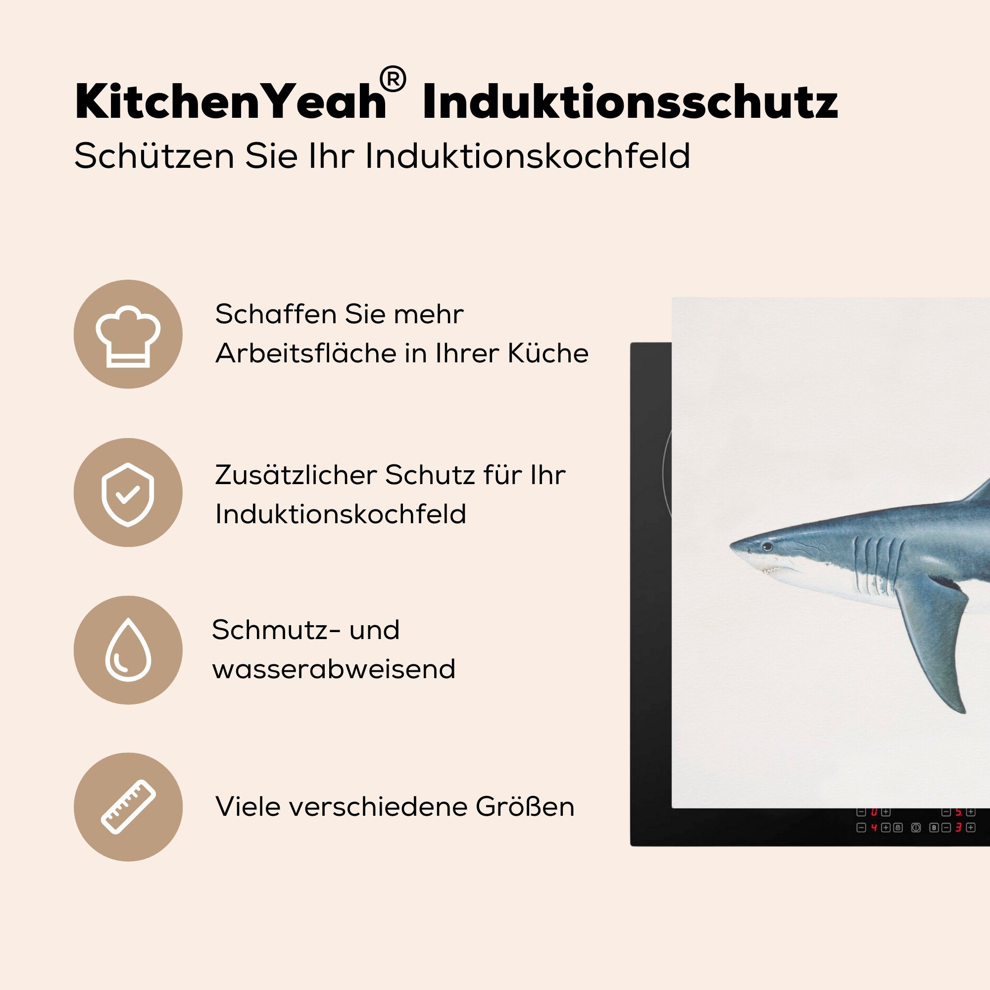 81x52 Ceranfeldabdeckung MuchoWow tlg), Induktionskochfeld küche, (1 der Seitenansicht Hais, Schutz cm, eines Herdblende-/Abdeckplatte Eine Vinyl, die Illustration für Weißen