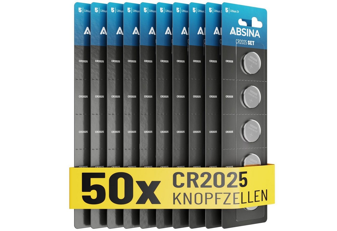 ABSINA Knopfzellen CR2025 50er Pack - CR 2025 Knopfzelle, CR2025 Batterien Knopfzelle, (1 St)