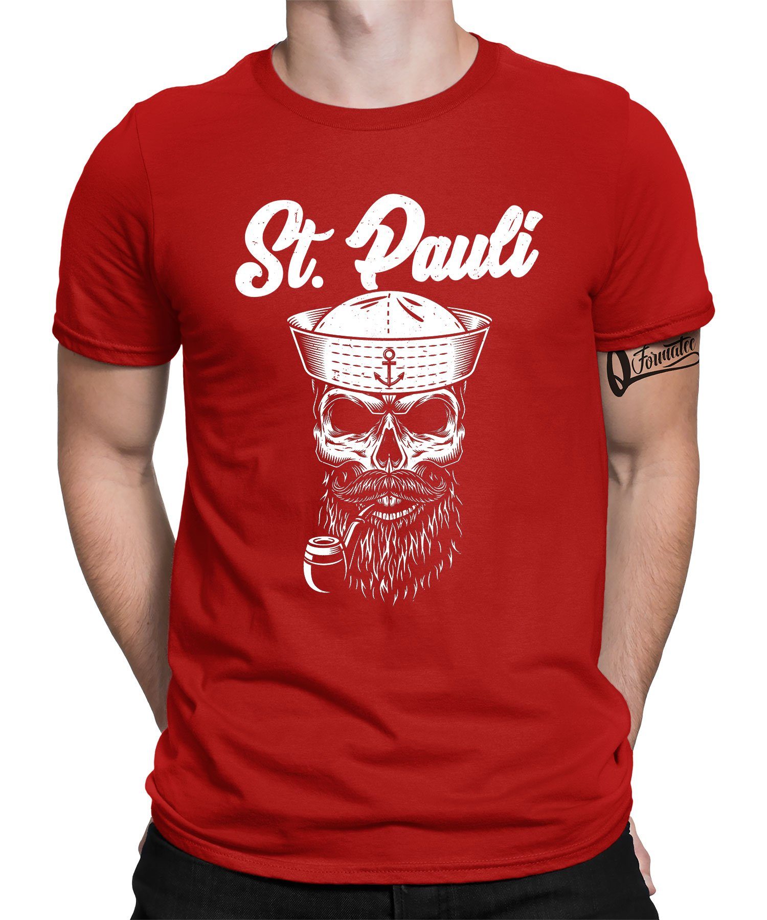 Quattro Formatee Kurzarmshirt St. Pauli Totenkopf Anker Kapitän - Hamburg Hafen Herren T-Shirt (1-tlg) Rot