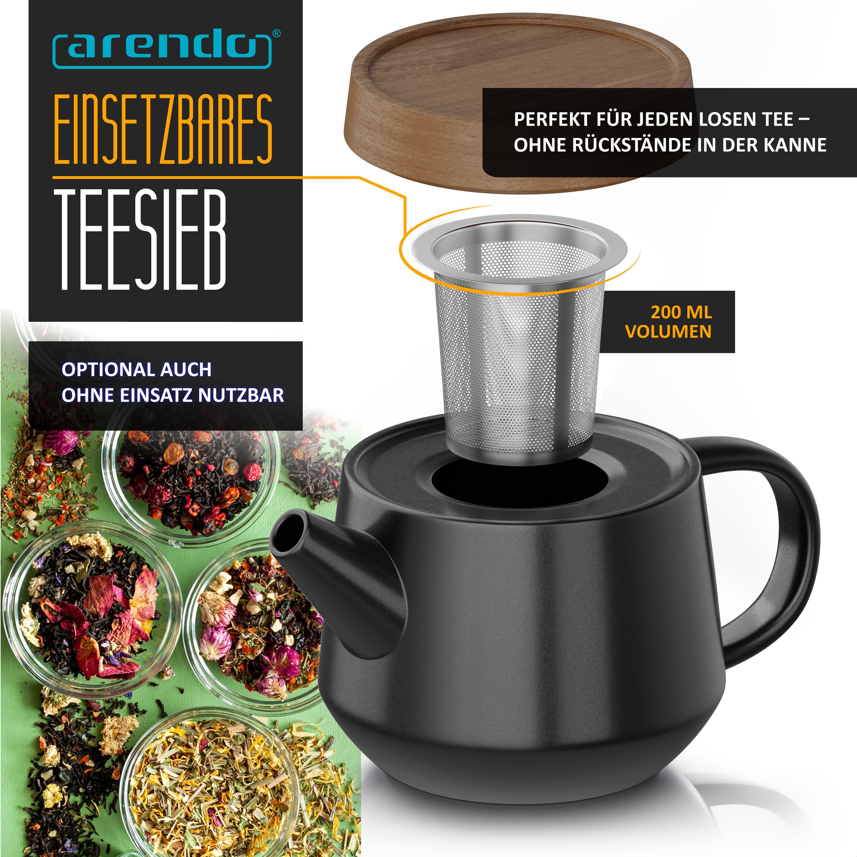 Arendo Teeservice Keramik Teekannen Set 0,6 L, modernes japanisches Design mit Teesieb (5-tlg), 2 Personen, Porzellan / Keramik, Porzellan, Teekanne mit Deckel Untersetzer 2 Teetassen & Tablett