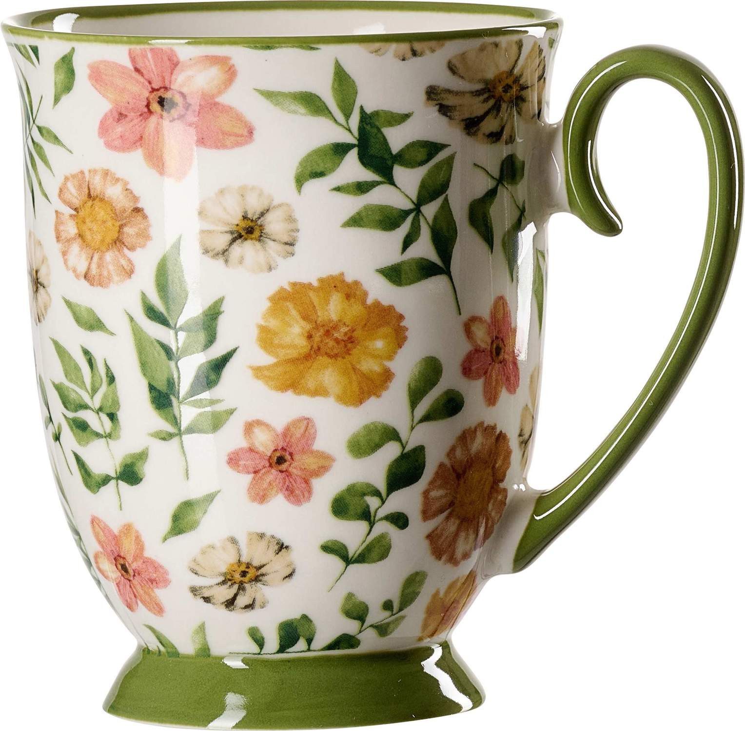 Ritzenhoff & Breker Becher Kaffeebecher Malo 320 ml grün Blumenmotiv Porzellan, Porzellan, Verspielter Henkel und kleiner Fuß