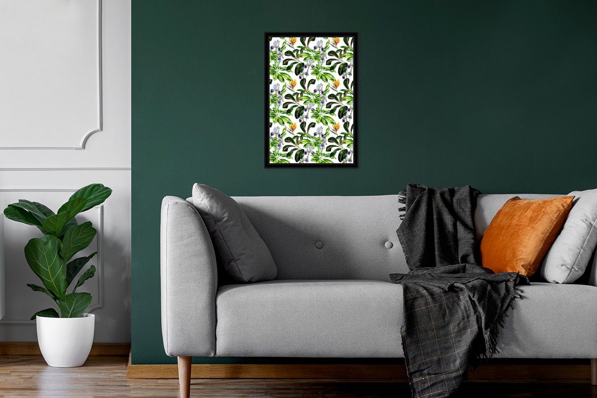 Bilder, (1 Paradiesvogelpflanze - Gerahmtes Muster, St), - Schwarzem Bilderrahmen MuchoWow Blätter Wandposter, Poster Wanddeko, Poster,
