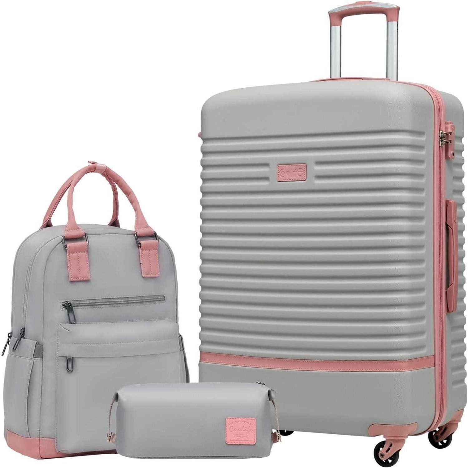 LuxusKollektion Kofferset Hartschalen Koffer 3tlg Set Grau/Rosa, TSA-Schloss, Reiserucksack