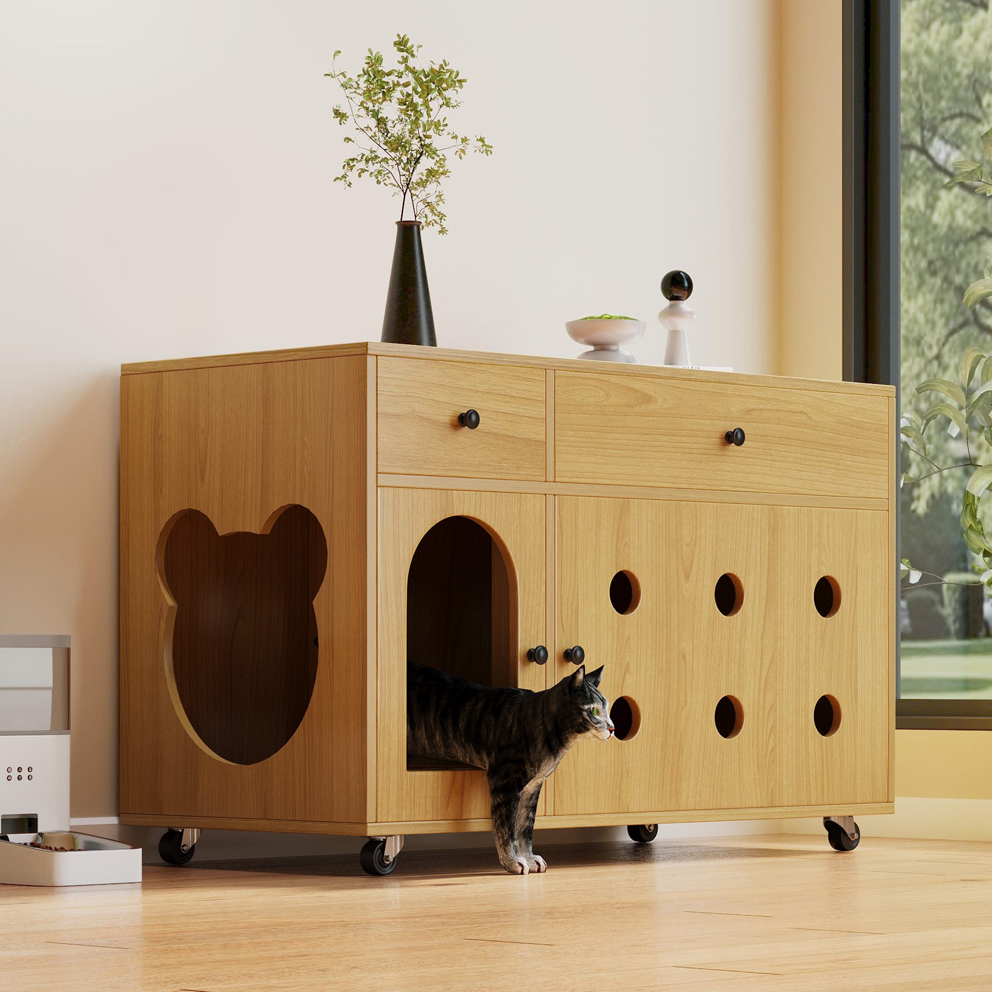 i@home Katzentoilette Katzentoilette, Katzenschrank für Katzentoilette, 100×45×66 cm, Sandfangfunktion, Versteckfunktion, Mobil, Multifunktional