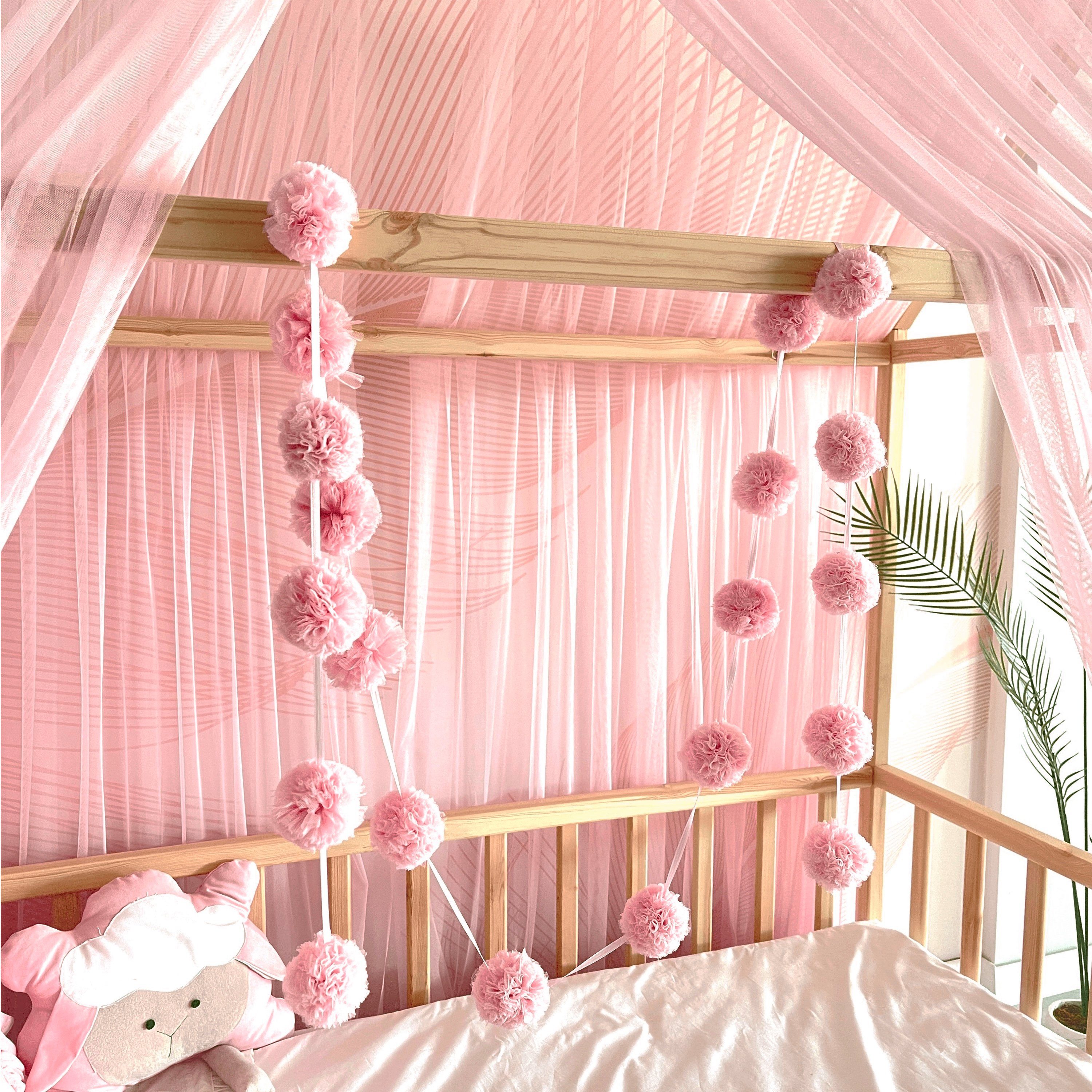 Baby Fancyroom Betthimmel Set), Hausbett Betthimmel Stück mit Stück Hausbett rosa Montessori Baldachin, Betthimmel Kinderbett Himmel 20er und Set 380cm 2 Deko Tüll 2 Kinder Montessori (3-tlg. Baldachin Betthimmel, einer Moskitonetz Pomponkette, 340cm Betthimmel für