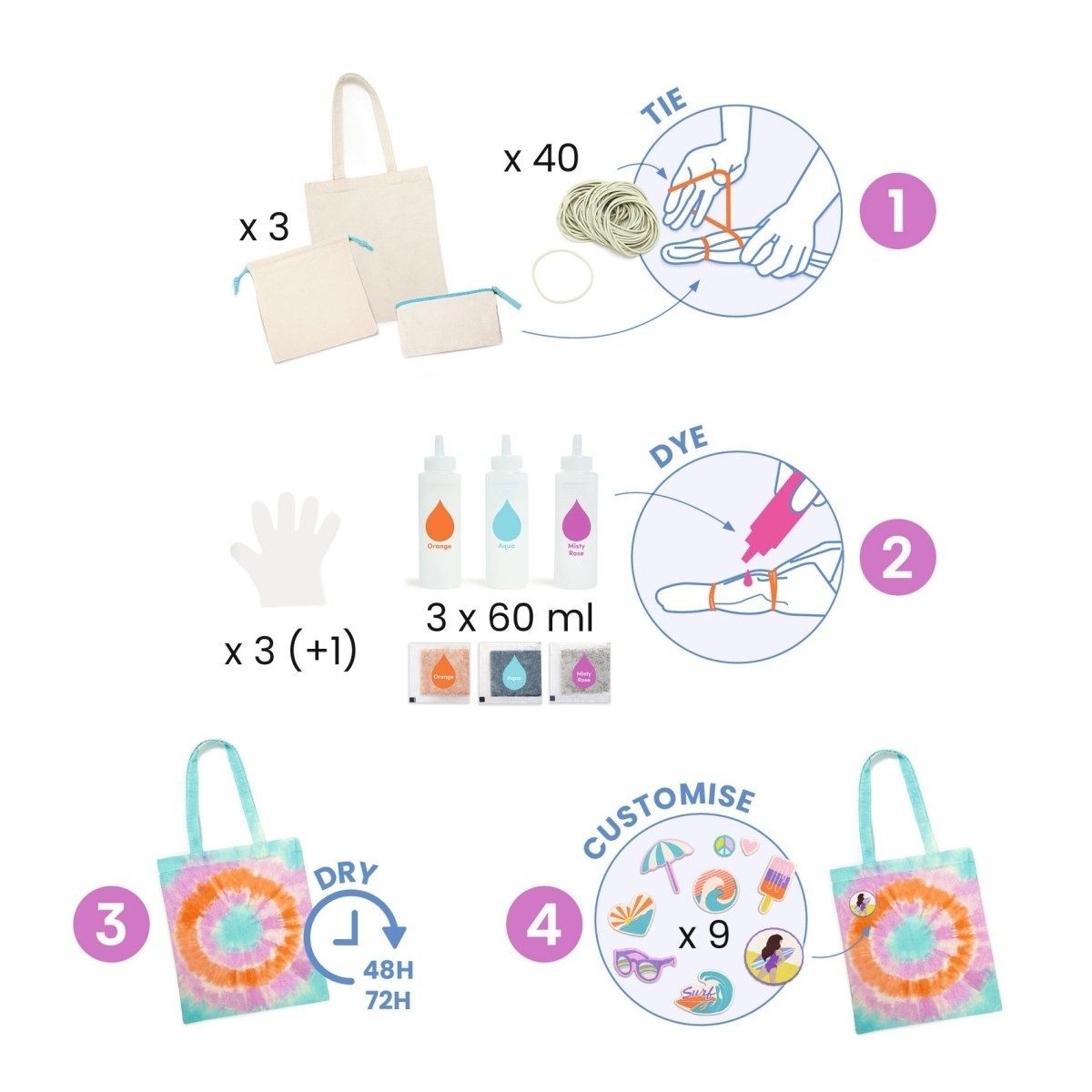 DJECO Kreativset DIY: Batik-Set Taschen Batikfarben Set waschfest Shirt DIY Set Kinder