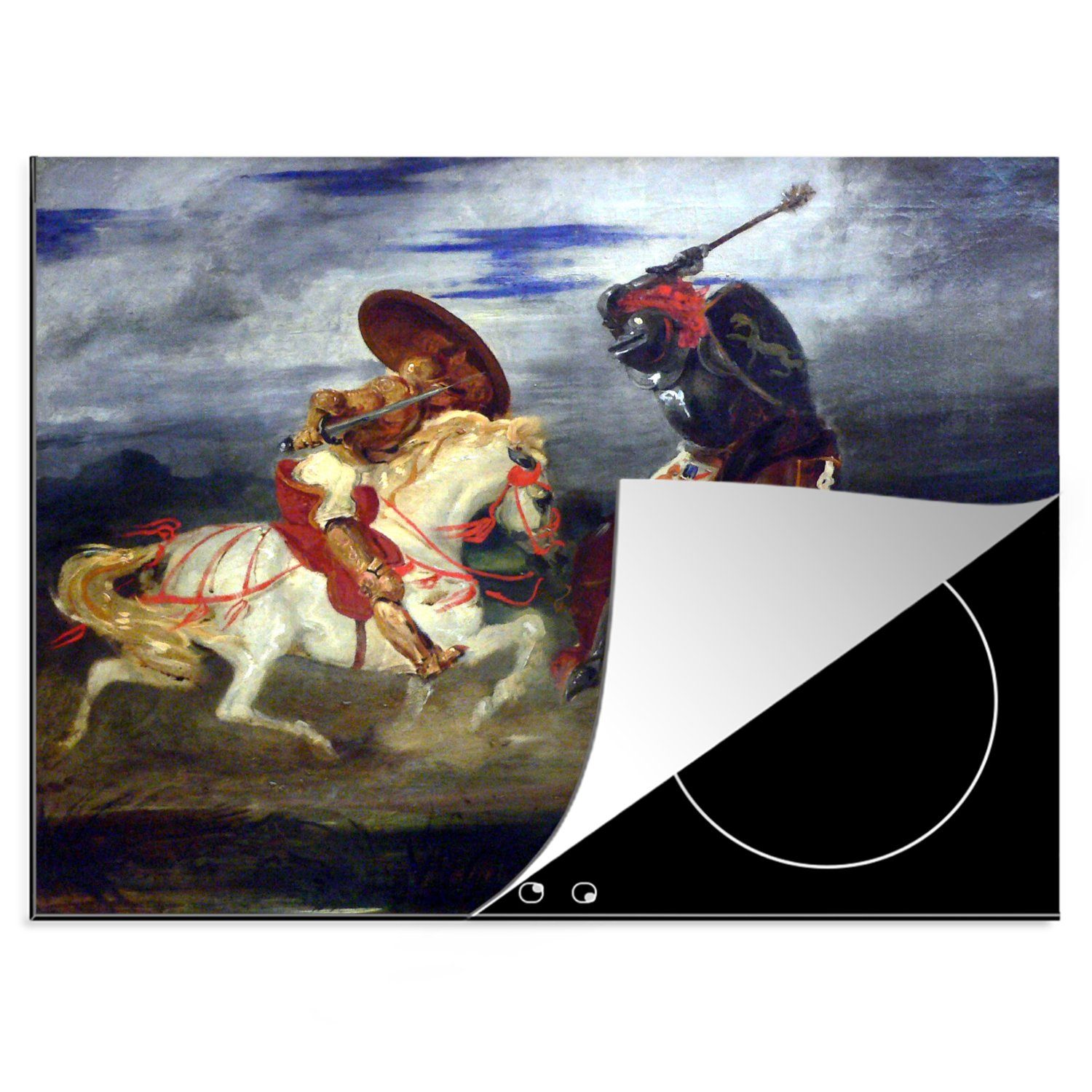 MuchoWow Herdblende-/Abdeckplatte Zwei kämpfende Ritter in einer Landschaft - Gemälde von Eugene, Vinyl, (1 tlg), 70x52 cm, Mobile Arbeitsfläche nutzbar, Ceranfeldabdeckung