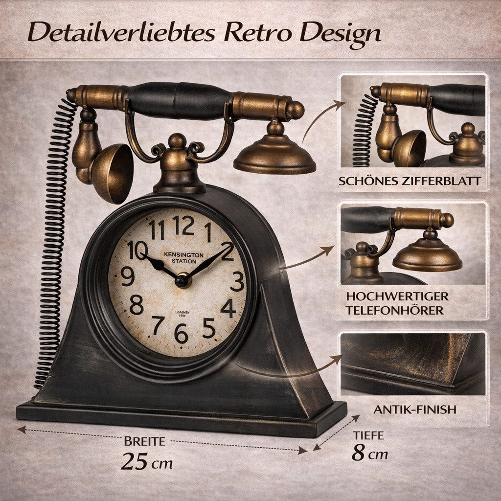 formano Wanduhr Metall Standuhr Vintage Telefon Tischuhr im Retro Design 27cm Quarz
