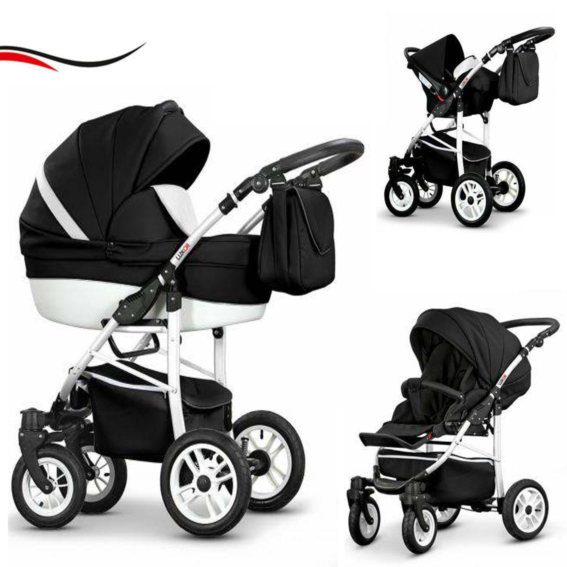 babies-on-wheels Kombi-Kinderwagen 3 in 1 Kinderwagen-Set Cosmo ECO - 16 Teile - in 29 Farben Schwarz-Weiß Kunstleder
