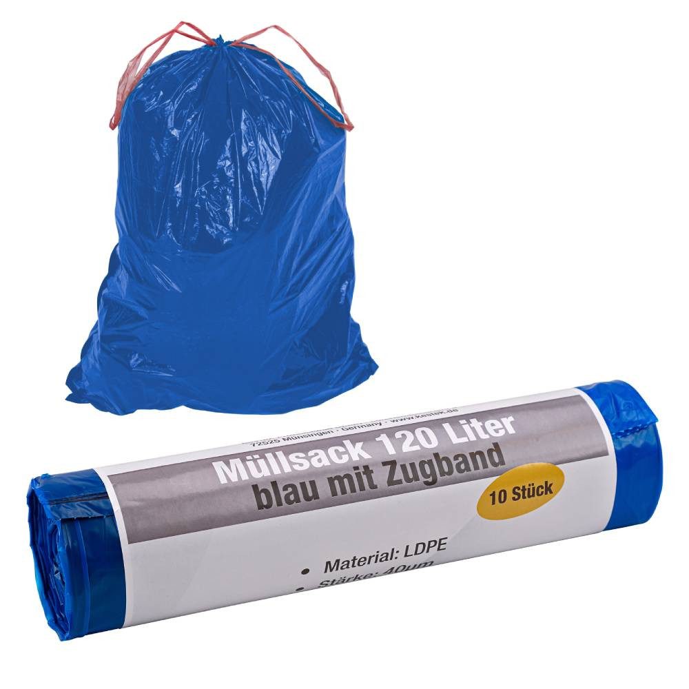 KesTek Müllsack Müllsack 120 Ltr. blau mit Zugband 10 Stück 40µm