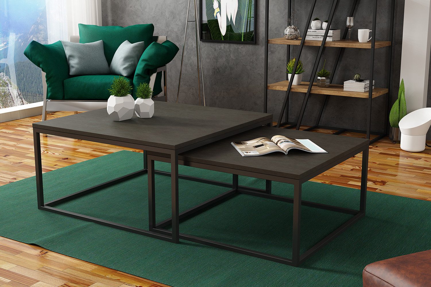 Feldmann-Wohnen Couchtisch Dual (rechteckige Tischplatte, Metallgestell, 1-St., pulverbeschichtetes Gestell, besonders attraktiv, schlicht elegant), 76cm und 66cm, 2-teilig, Schwarz Molet