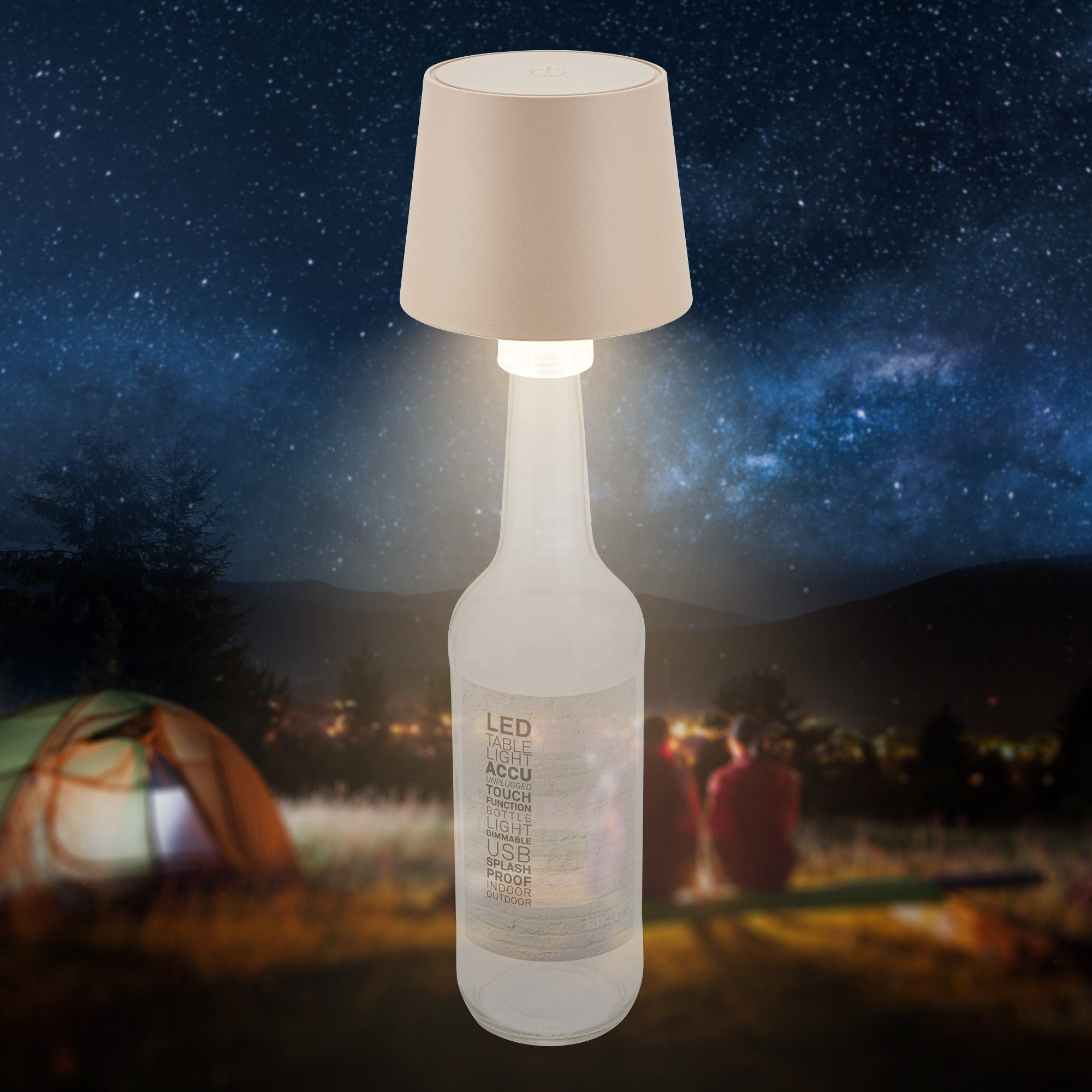 Briloner Leuchten LED Tischleuchte Akku kabellos Aufsatz für Flaschen, LED fest integriert, LED Flaschenlampe 10,5 x 11,5 cm (DxH) 1,8W Schlafzimmer Wohnzimmer