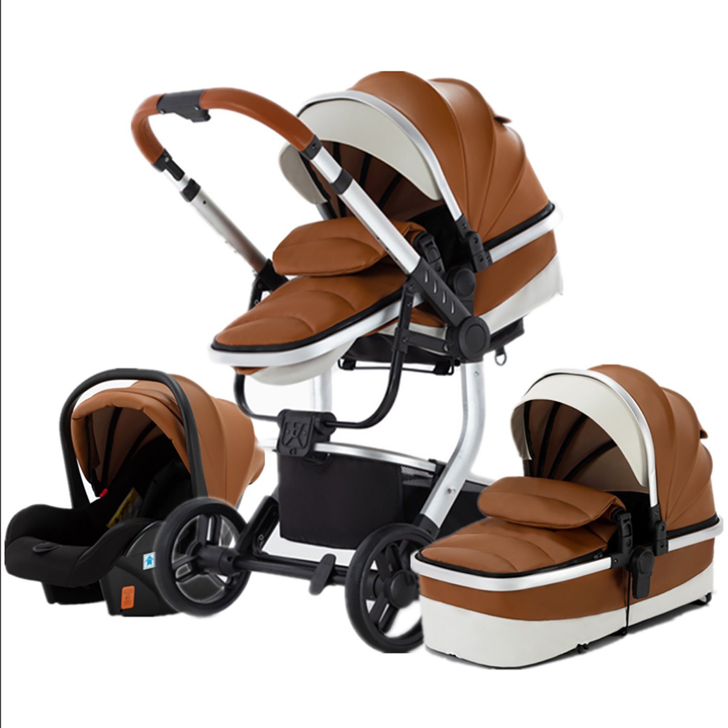 TPFFamily Kombi-Kinderwagen Babyschale Baby Buggy Babywanne 5-Punkt-Sicherheitsgurt Moskitonetz, Getränkehalter inkl. Zubehörset Kinderwagen 3 in 1 Kunstleder Braun